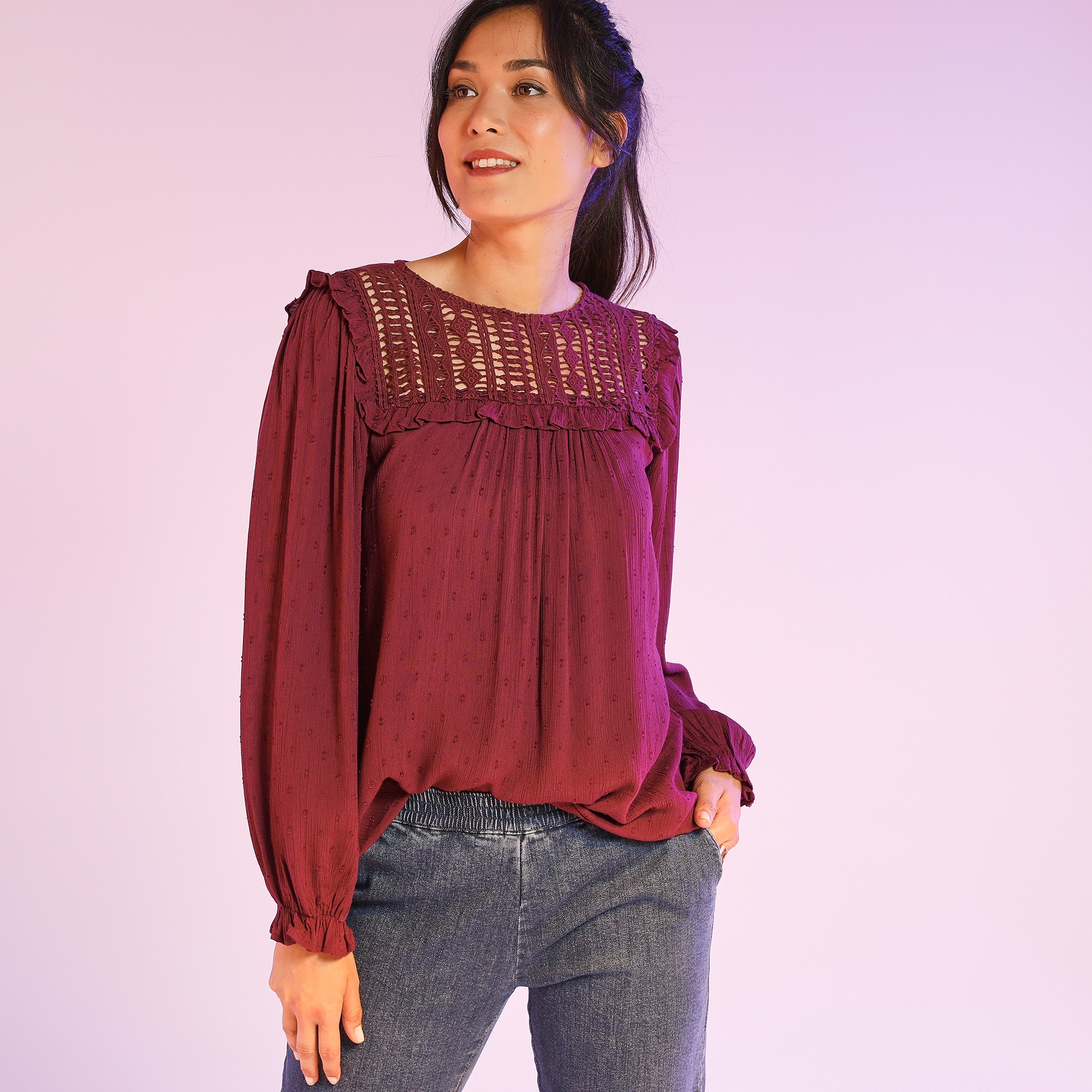 Blouse Crêpe Plumetis, Macramé Et Manches Longues - Blancheporte