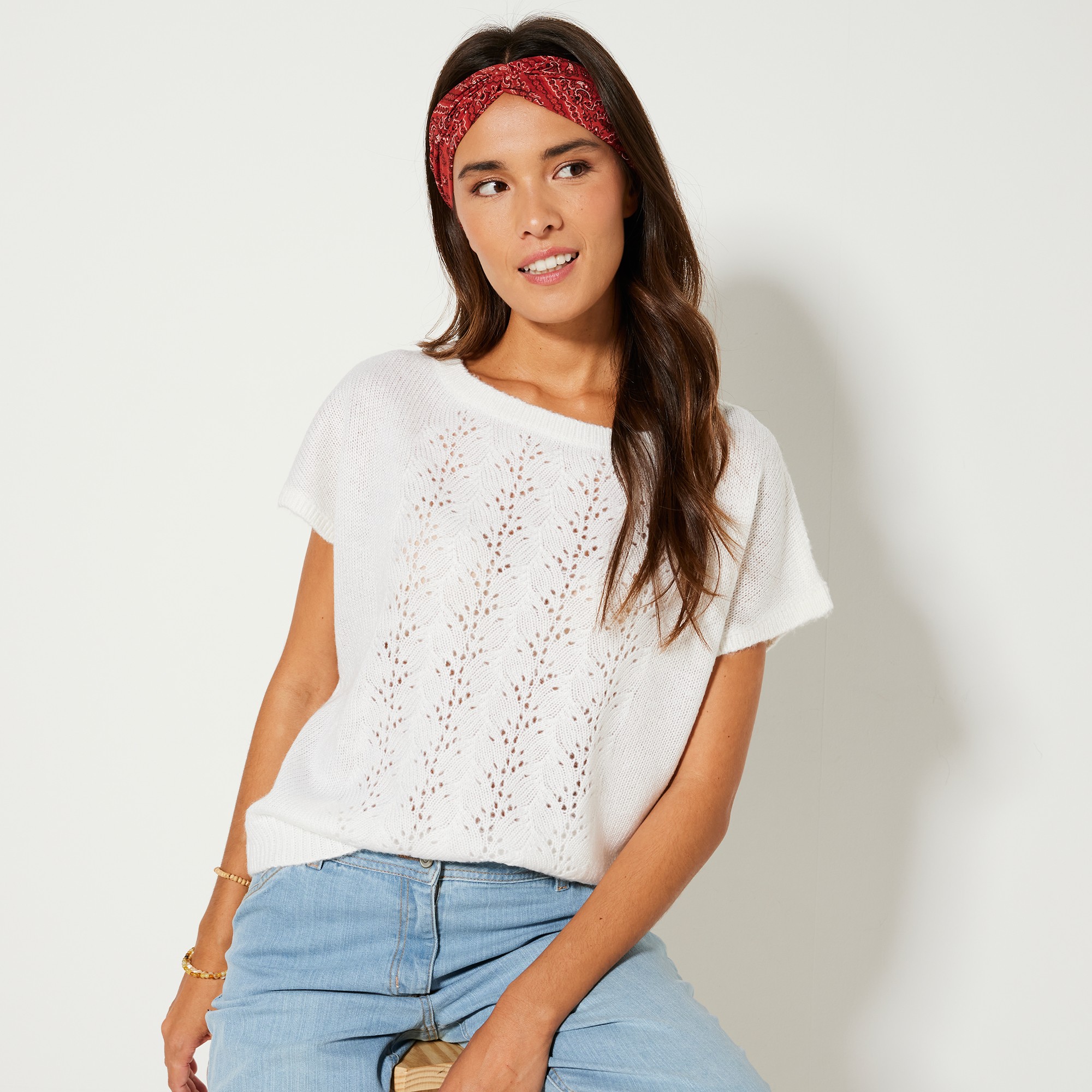 Pull Manches Courtes, Maille Ajourée Toucher Mohair - Blancheporte