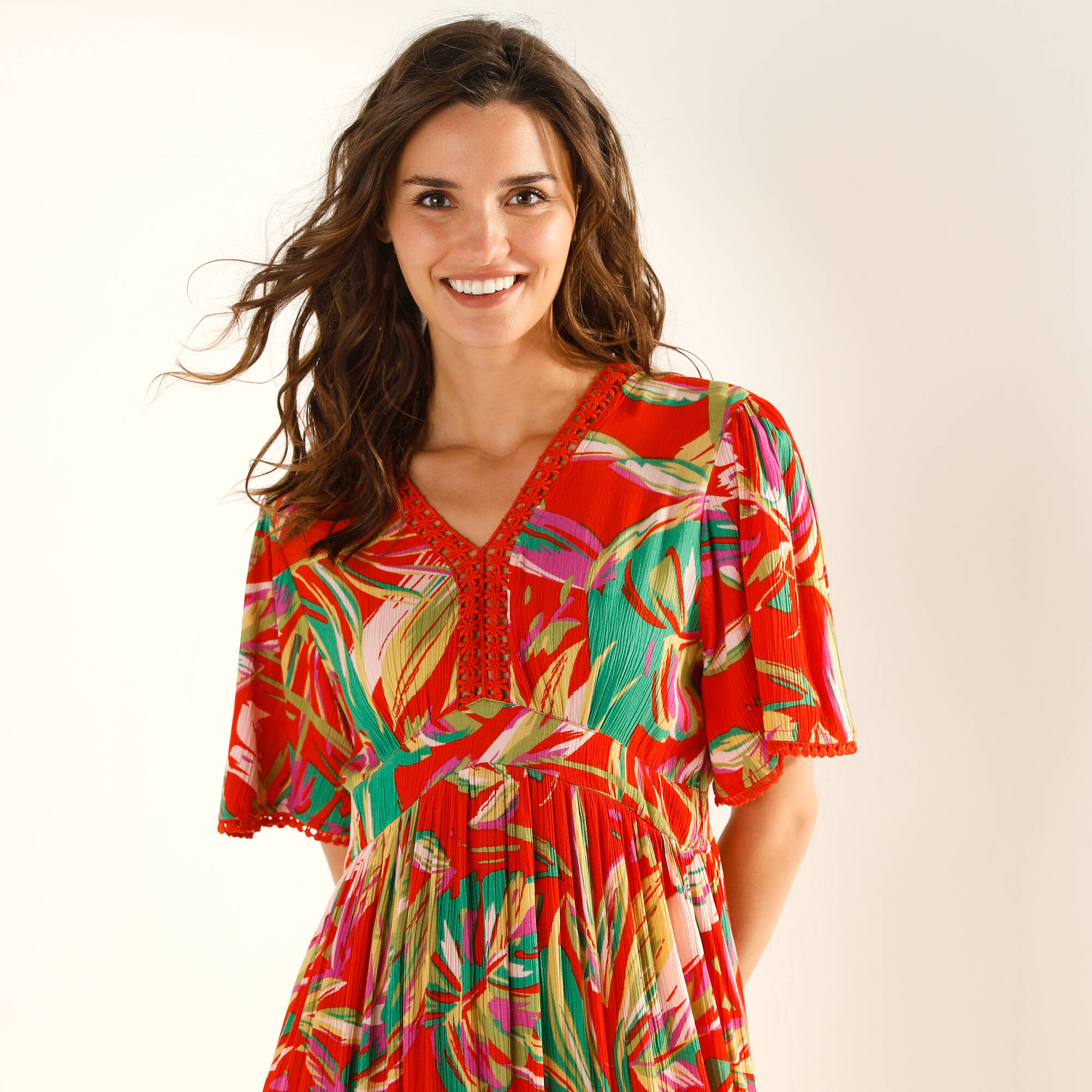 Robe longue macramé, imprimé tropical - Blancheporte