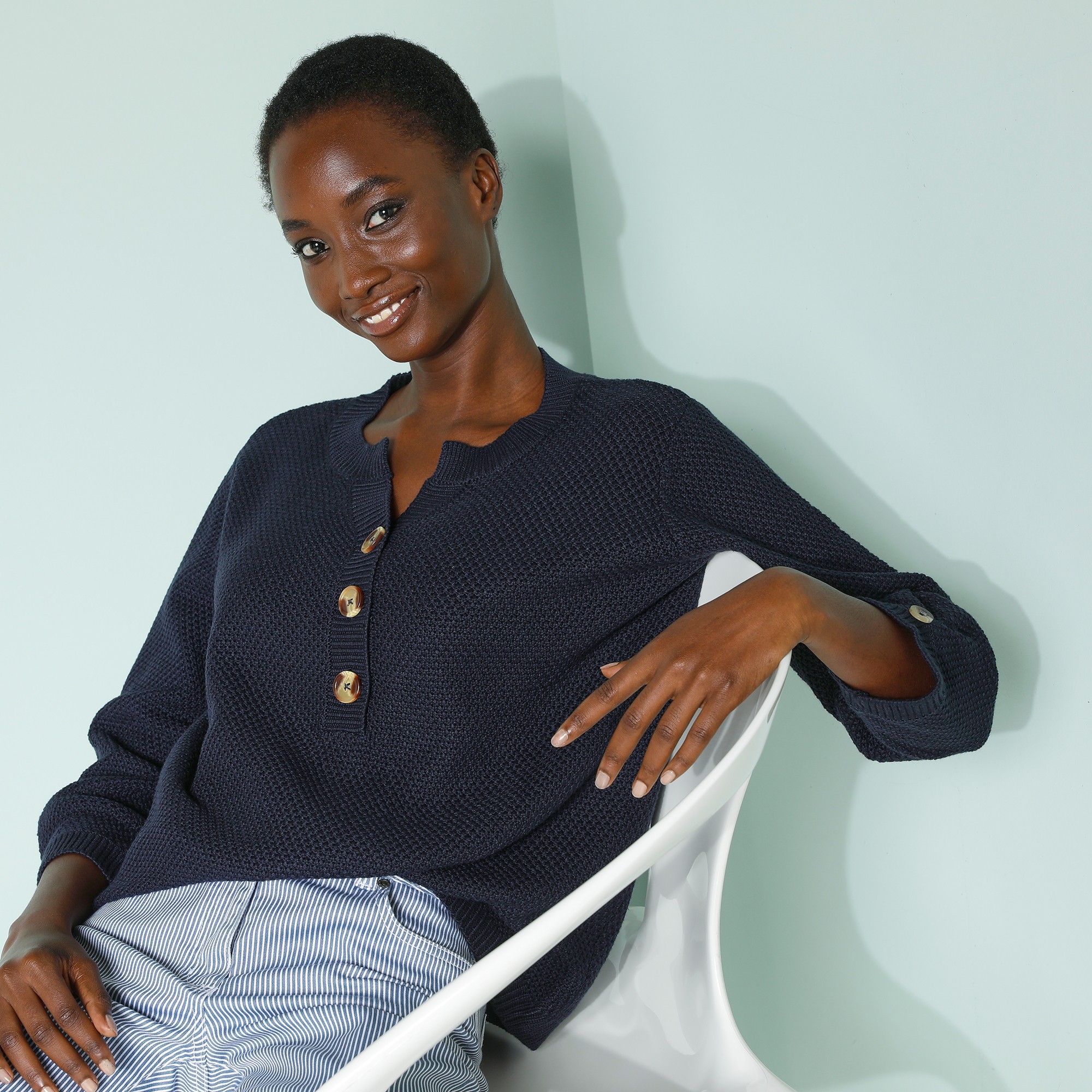 Pull Col Tunisien Manches 3/4, Maille Fantaisie - Blancheporte