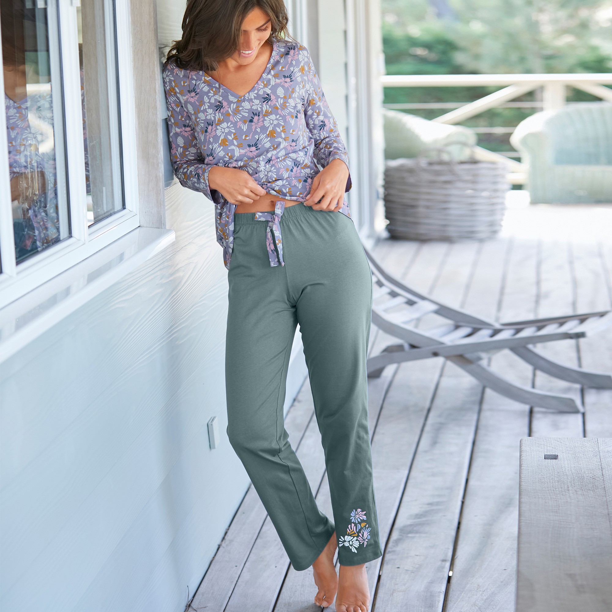 Pantalon Pyjama Coton Imprimé Placé pétales - Blancheporte