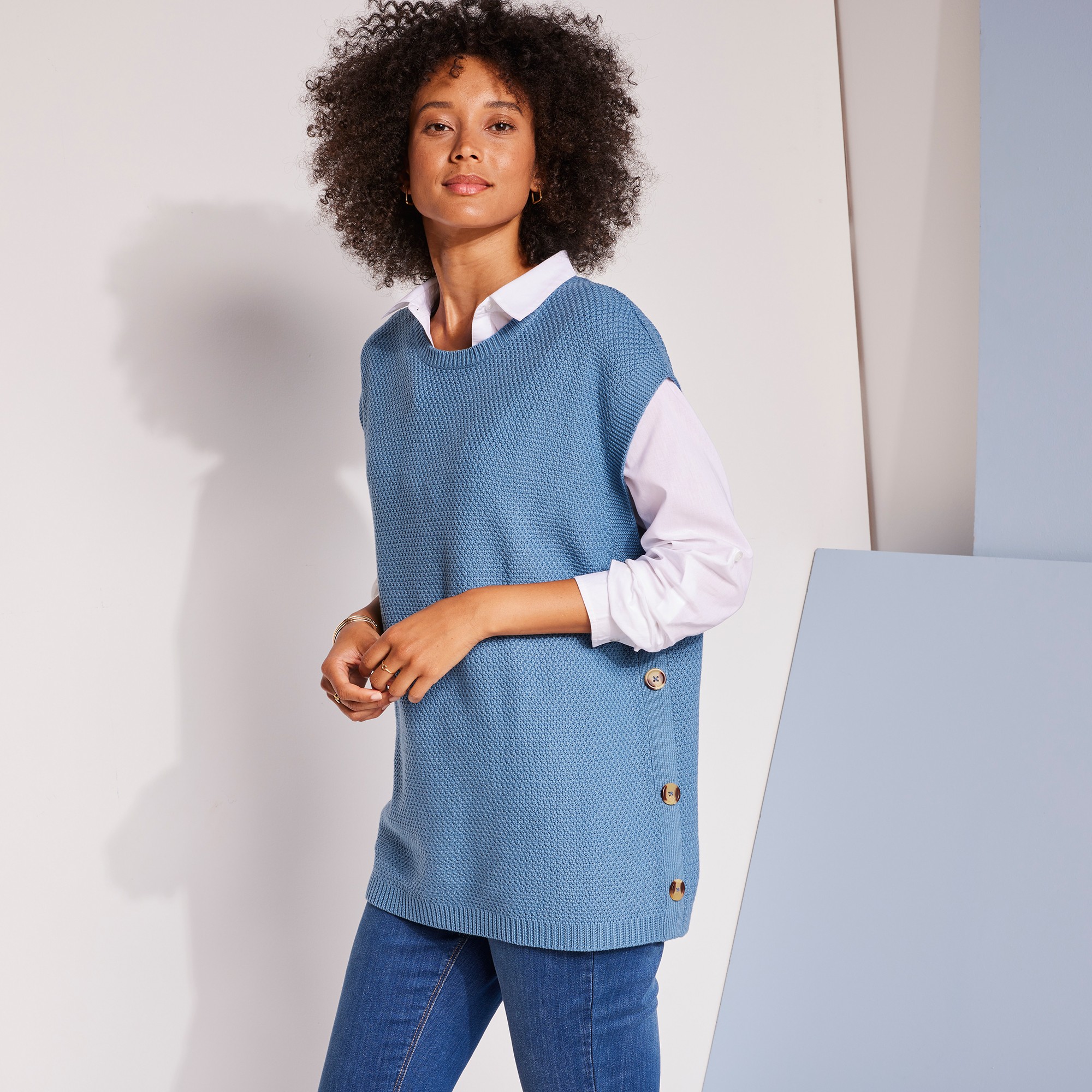 Pull-tunique Sans Manches À Boutons Effet Corne, Maille Fantaisie - Blancheporte