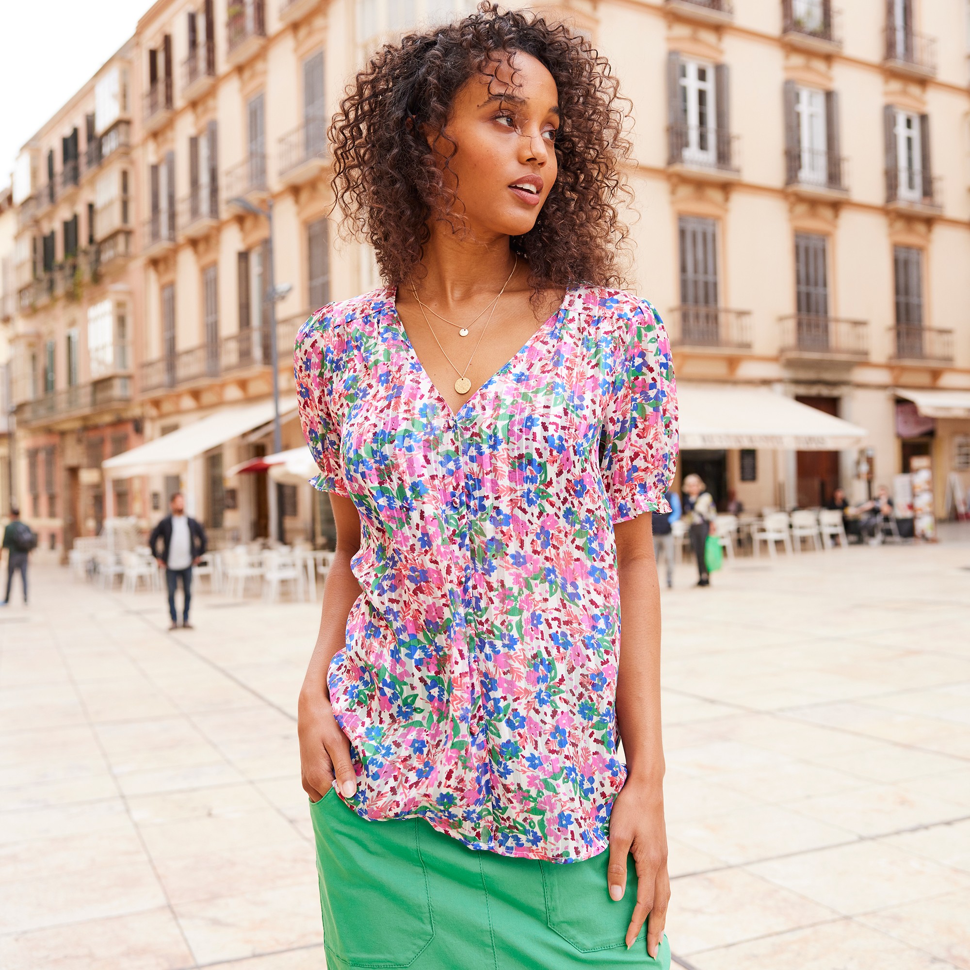 Chemisier Boutonné Manches Blousantes Imprimé, Voile Jacquard - Blancheporte