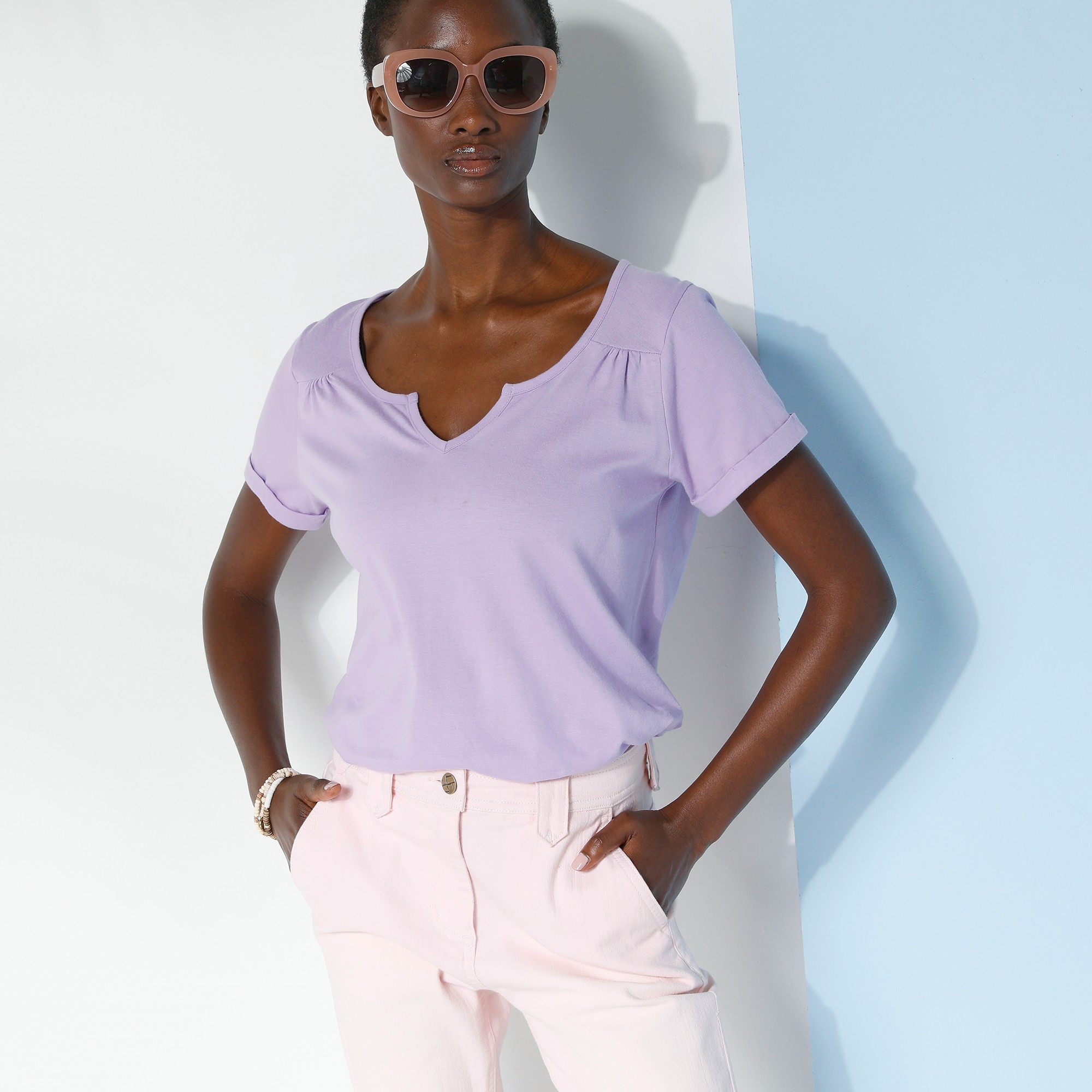 T-shirt Col Tunisien Uni Coton - Blancheporte