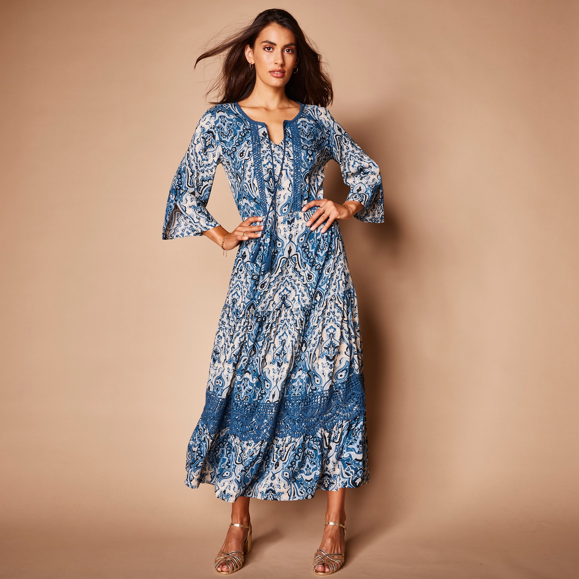 Robe Longue Imprimée Manches 3/4 Fendues, Crépon - Lora Zellini