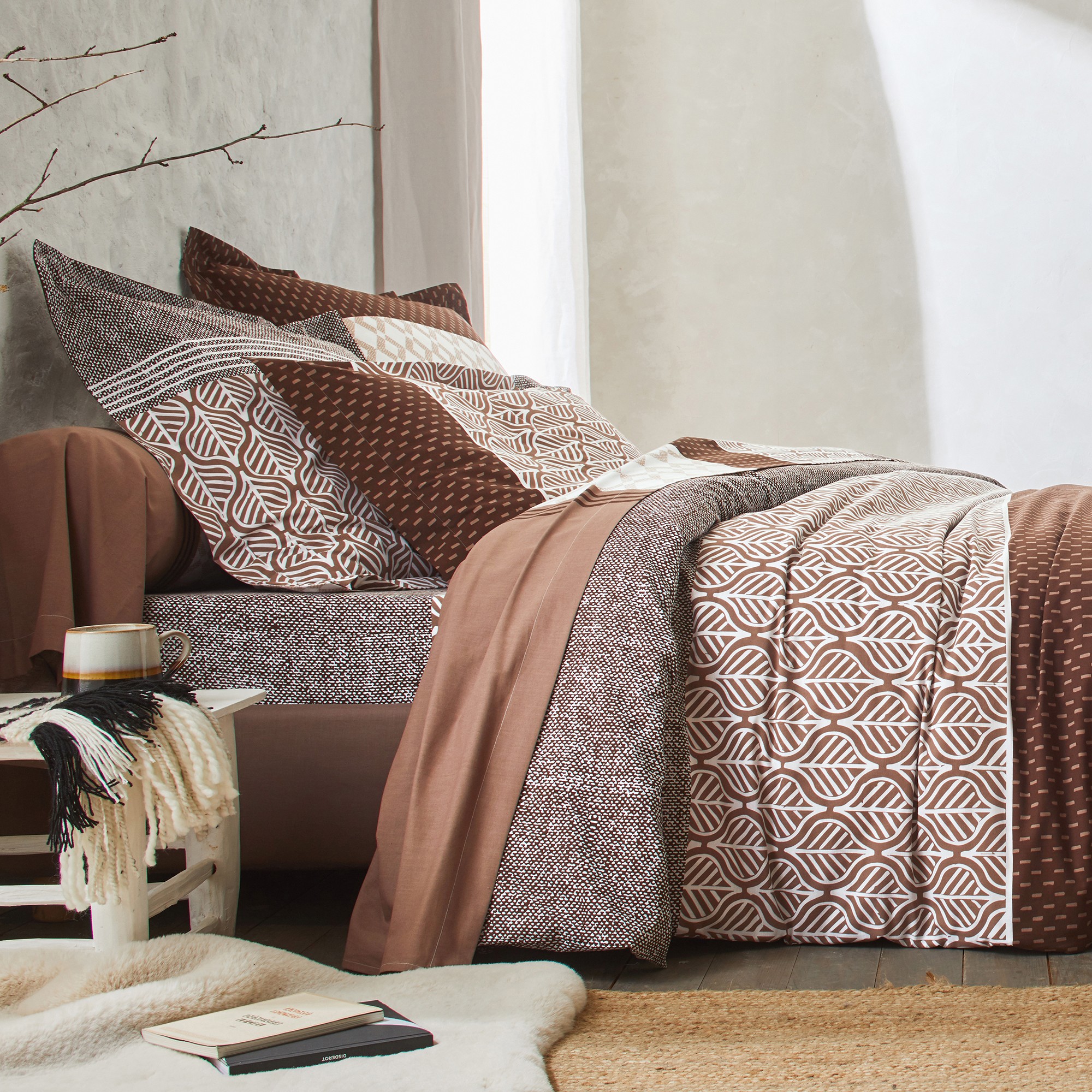 Linge de lit Tommy imprimé géométrique - coton - Drap Plat 2 Personnesonnes : 270x300cm - Beige - Co