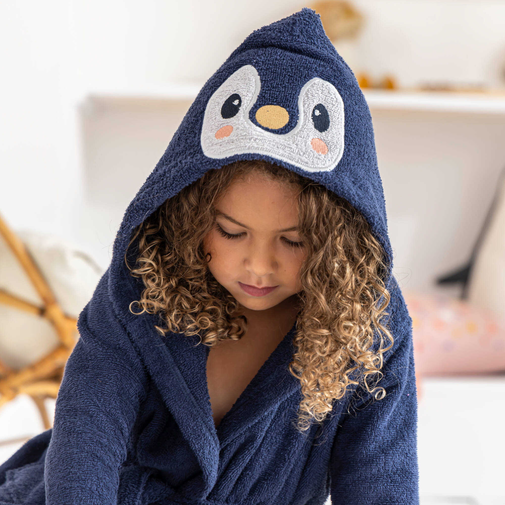 Peignoir de bain enfant Pingouin à capuche, bleu Blancheporte