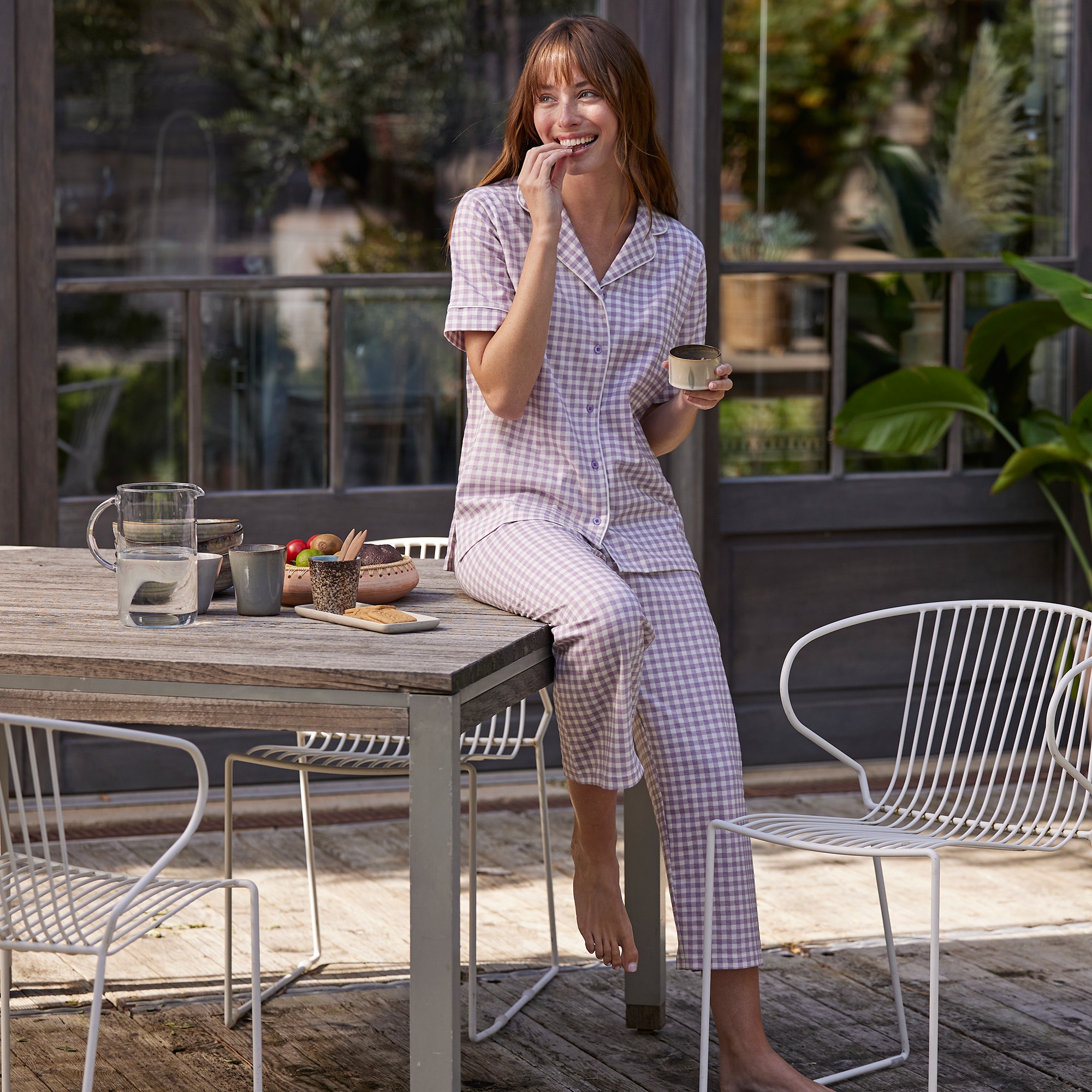 Pyjama Pantalon Court Imprimé Carreaux - Col Tailleur - Blancheporte