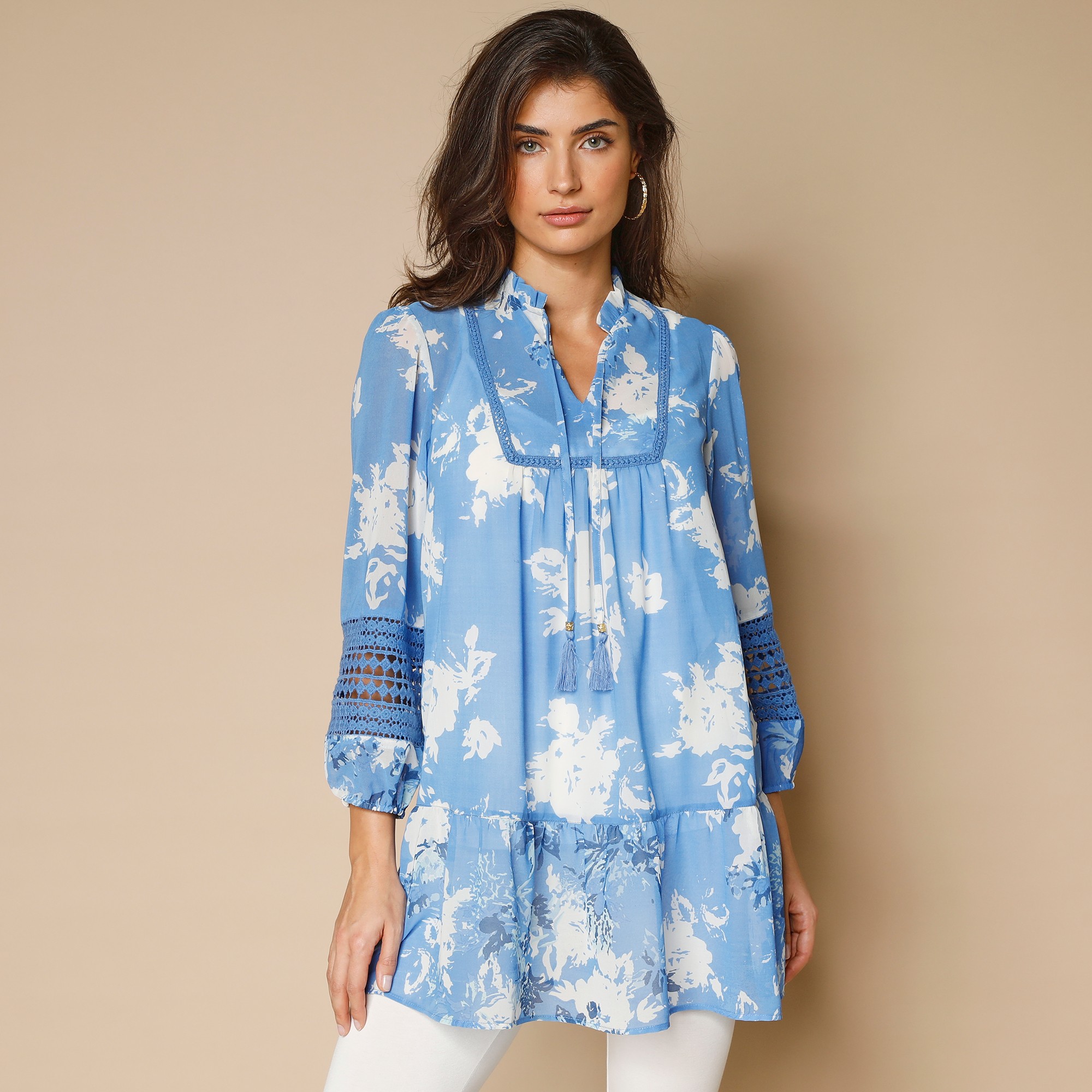 Tunique imprimée volantée manches 3/4 - 58 - Bleu - Lora Zellini