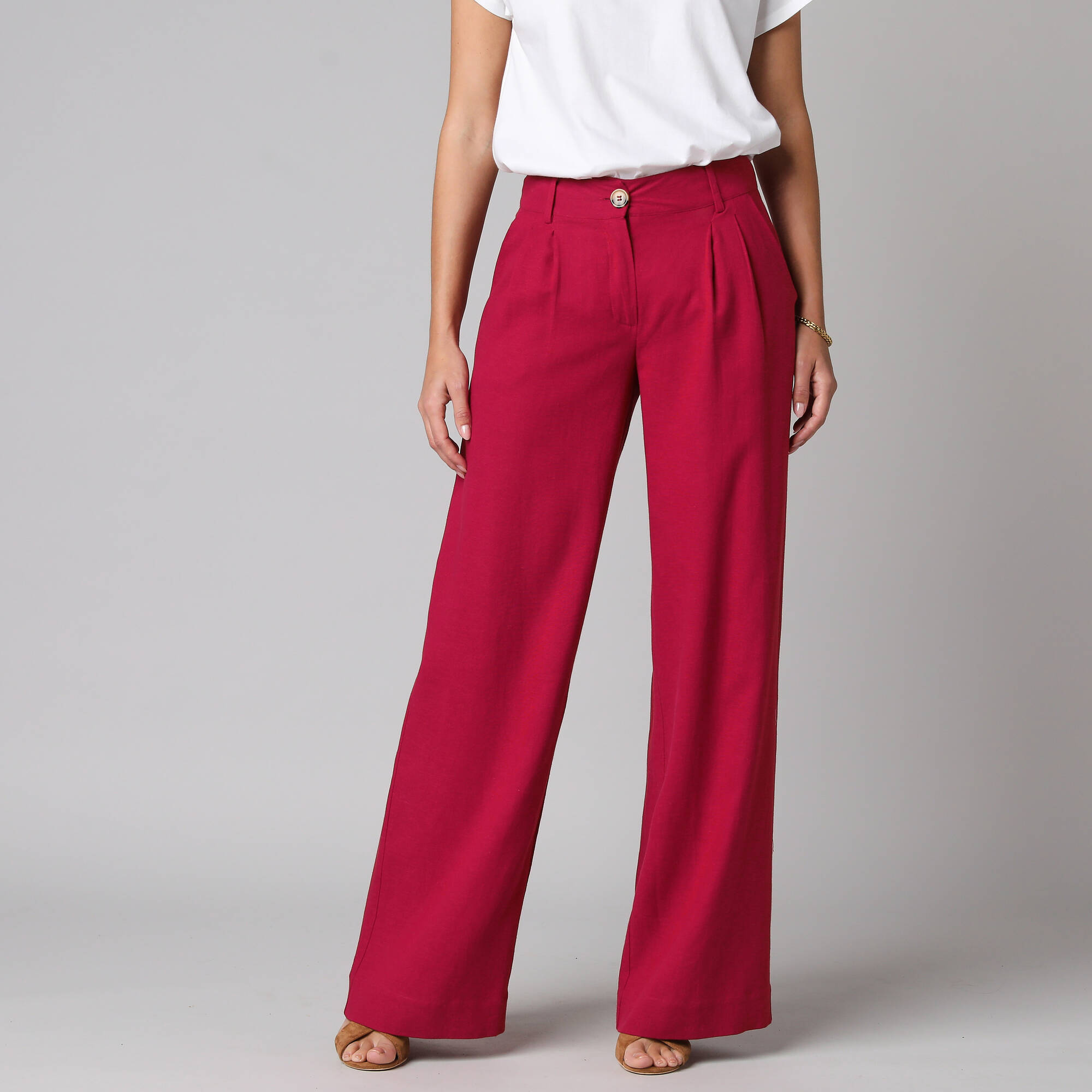 Pantalon large à pinces uni, en viscose-lin - Blancheporte