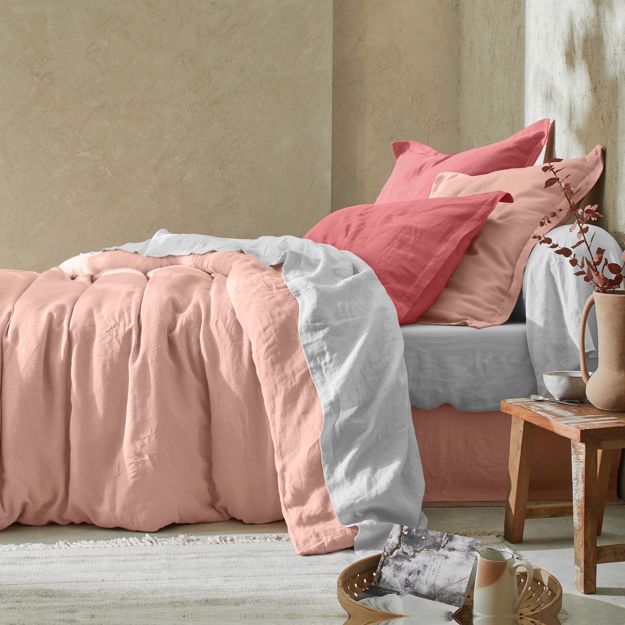 Linge de lit uni lin lavé - Drap Plat 2 Personnesonnes : 270x325cm - Rose - Colombine
