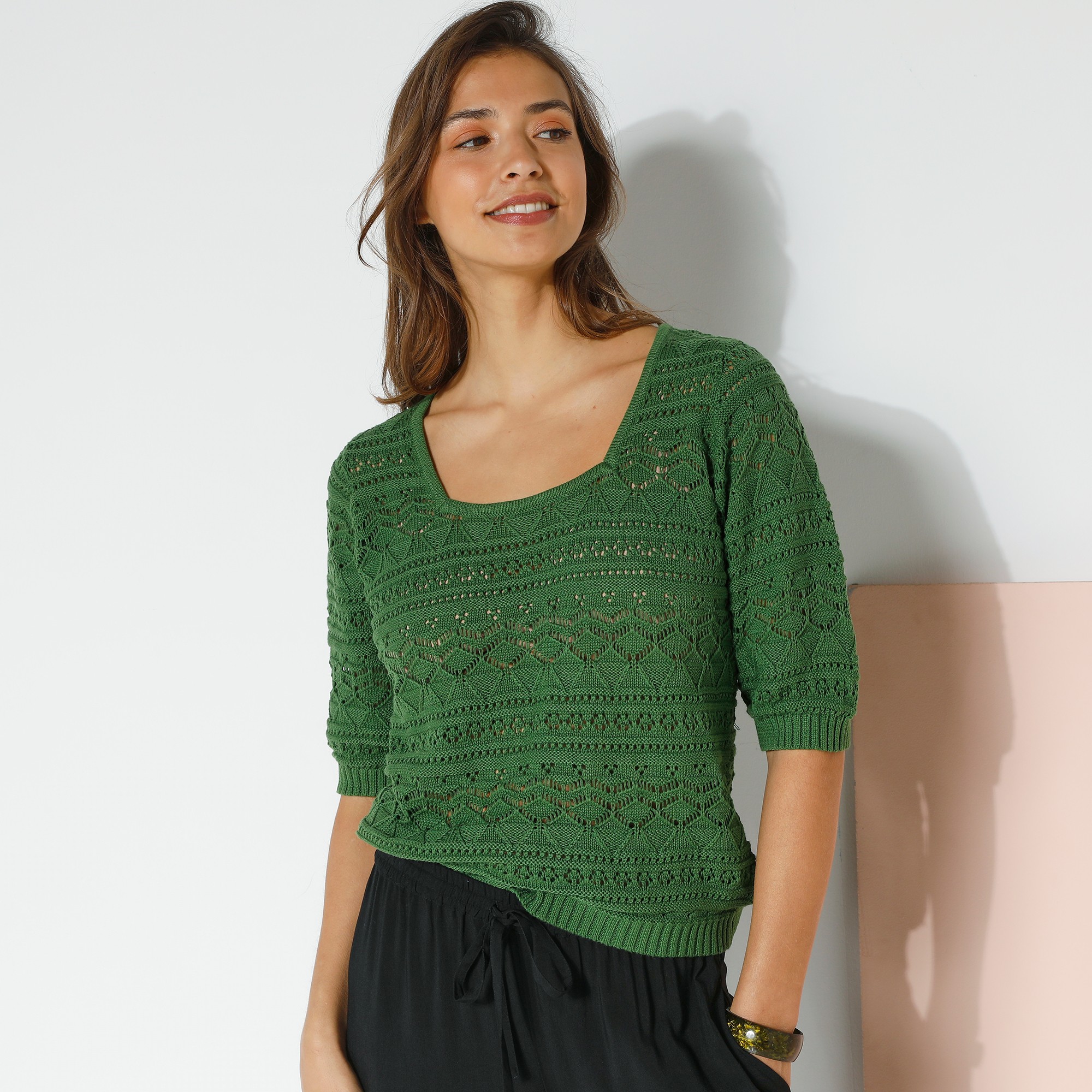 Pull Maille Ajourée Fantaisie, Manches Coude - Blancheporte