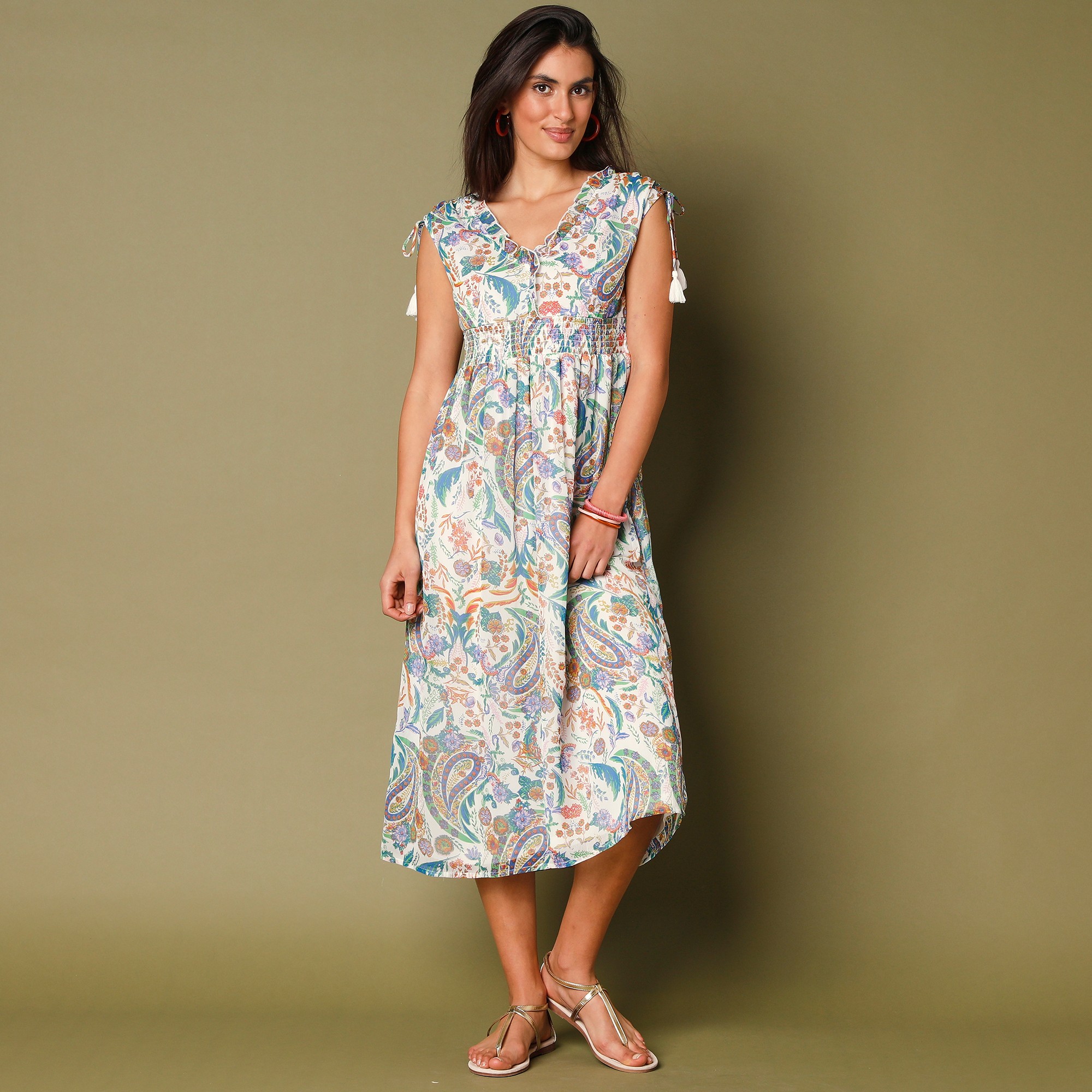 Robe sans manches imprimée, voile - 52 - Écru - Lora Zellini