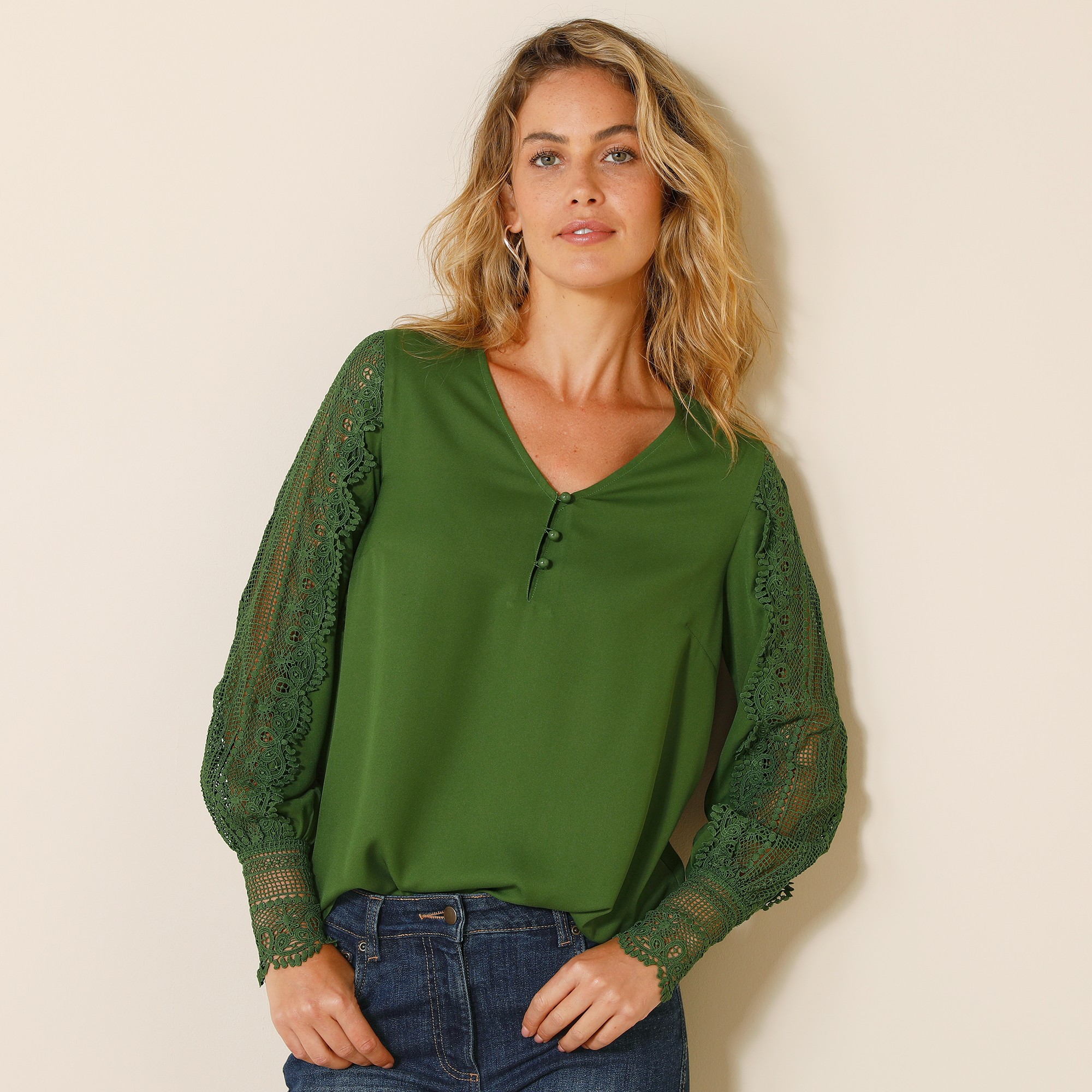 Blouse Macramé Col V Manches Longues, Crêpe Fluide - Blancheporte