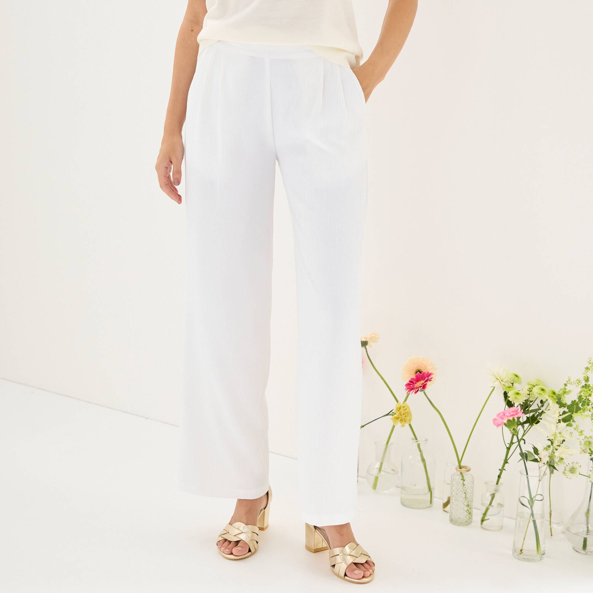 Pantalon large taille haute à enfiler, crêpe fluide - Blancheporte