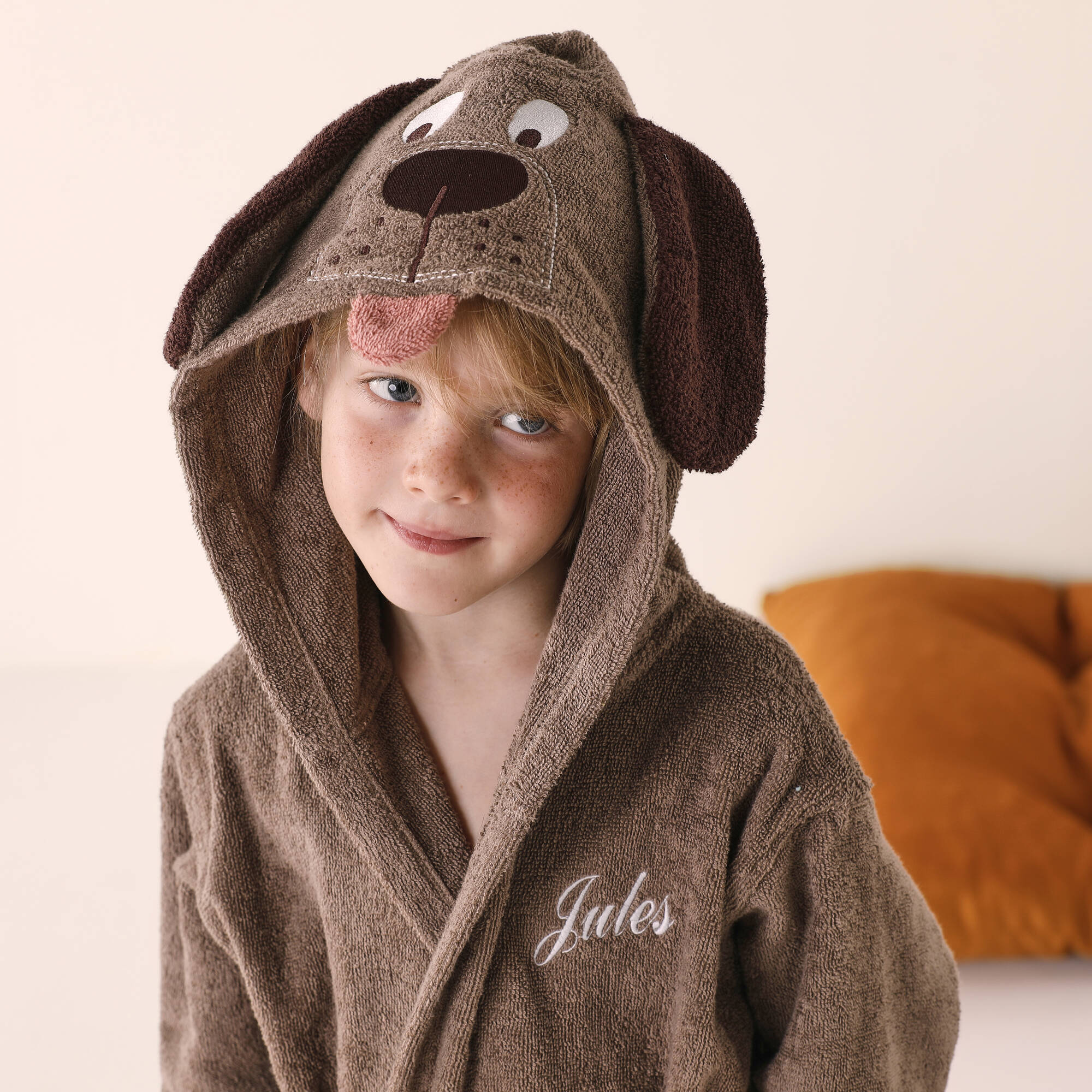 Peignoir de bain enfant personnalisable chien a capuche eponge coton 340 g m chocolat Blancheporte