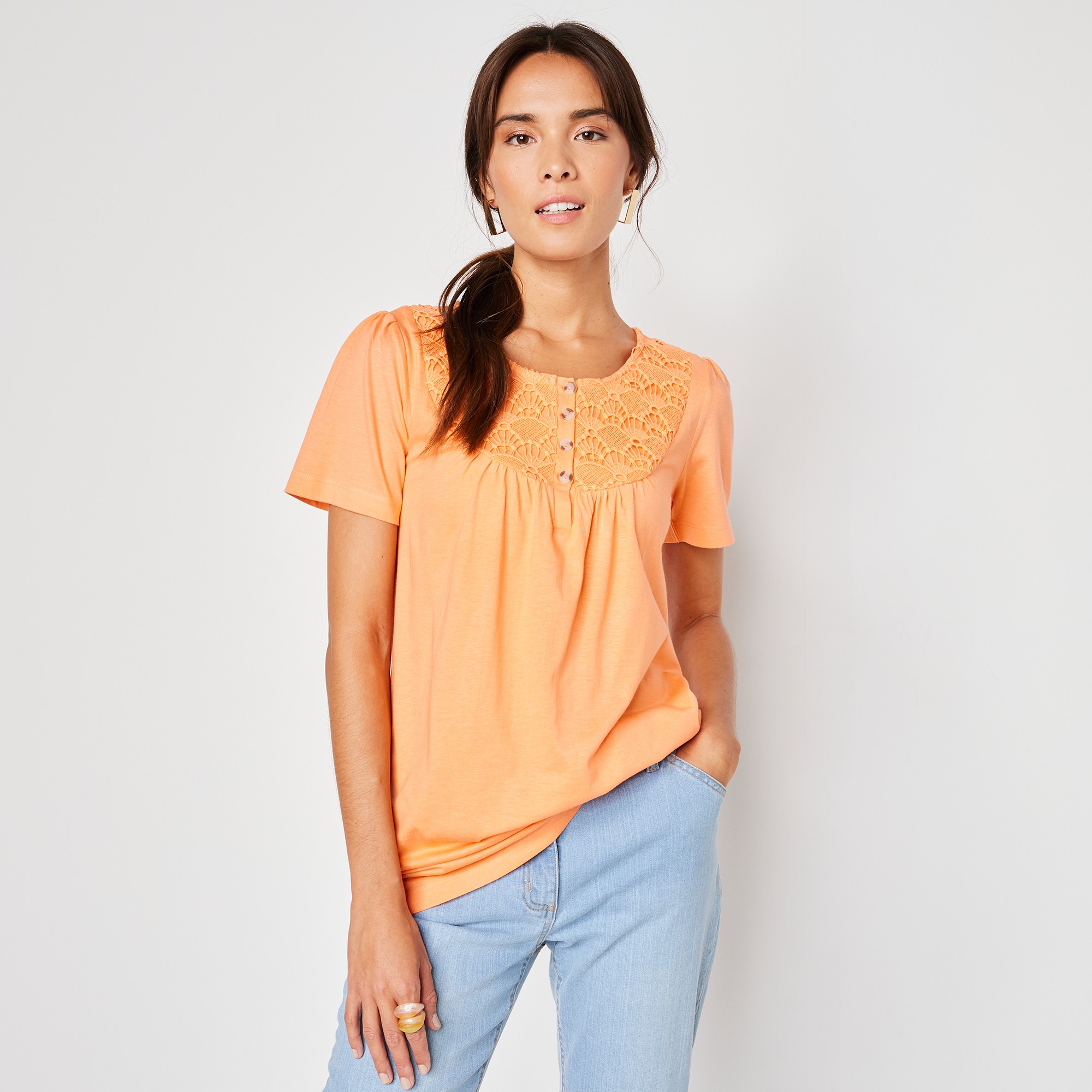 T-shirt Macramé Manches Courtes - Blancheporte