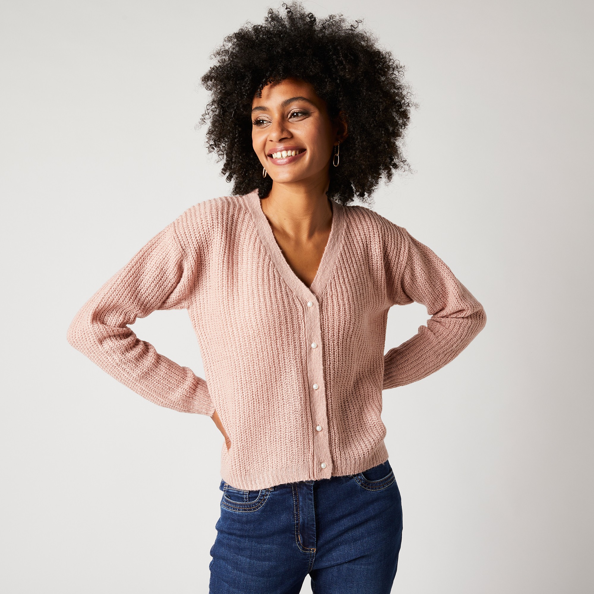 Gilet Col V Boutonné, Maille Anglaise - Blancheporte