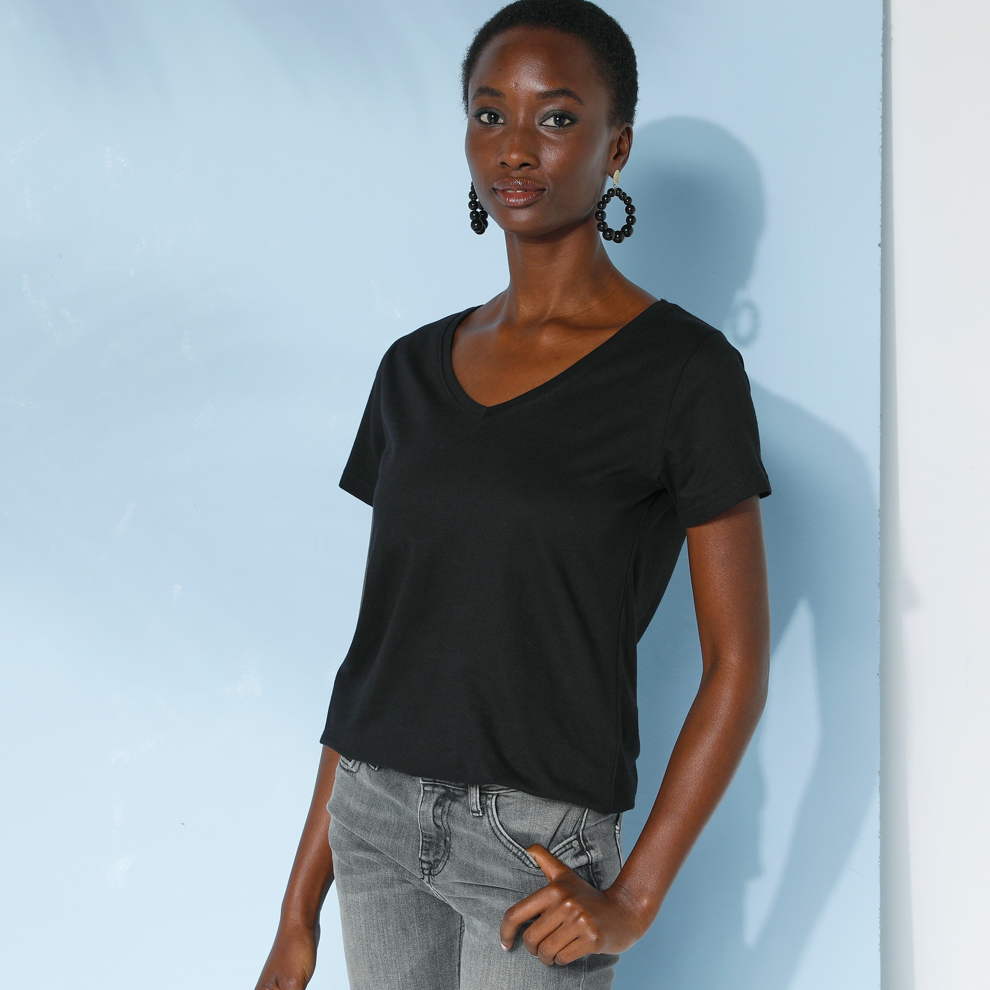 T-shirt Col V Uni Manches Courtes Coton - Blancheporte