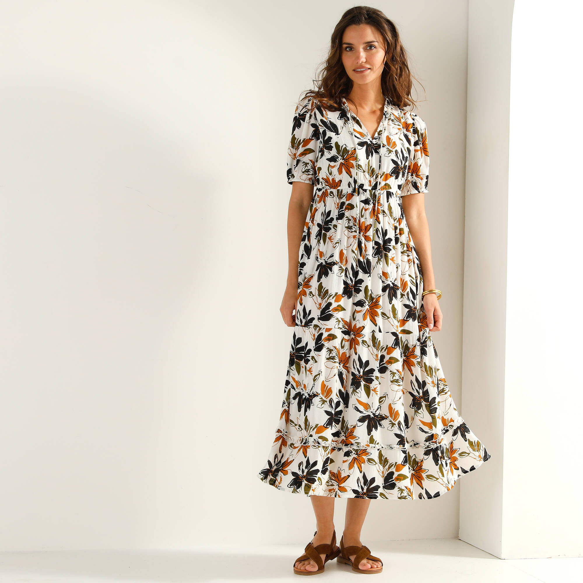 Robe longue volantée, crépon imprimé - Blancheporte