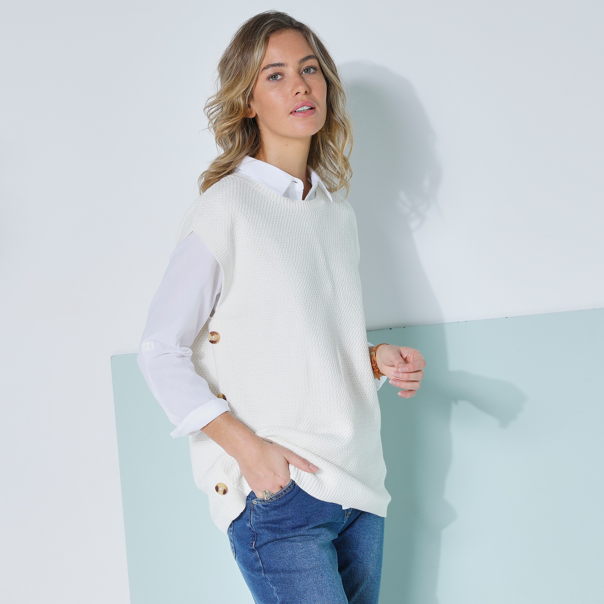 Pull-tunique Sans Manches À Boutons Effet Corne, Maille Fantaisie - Blancheporte