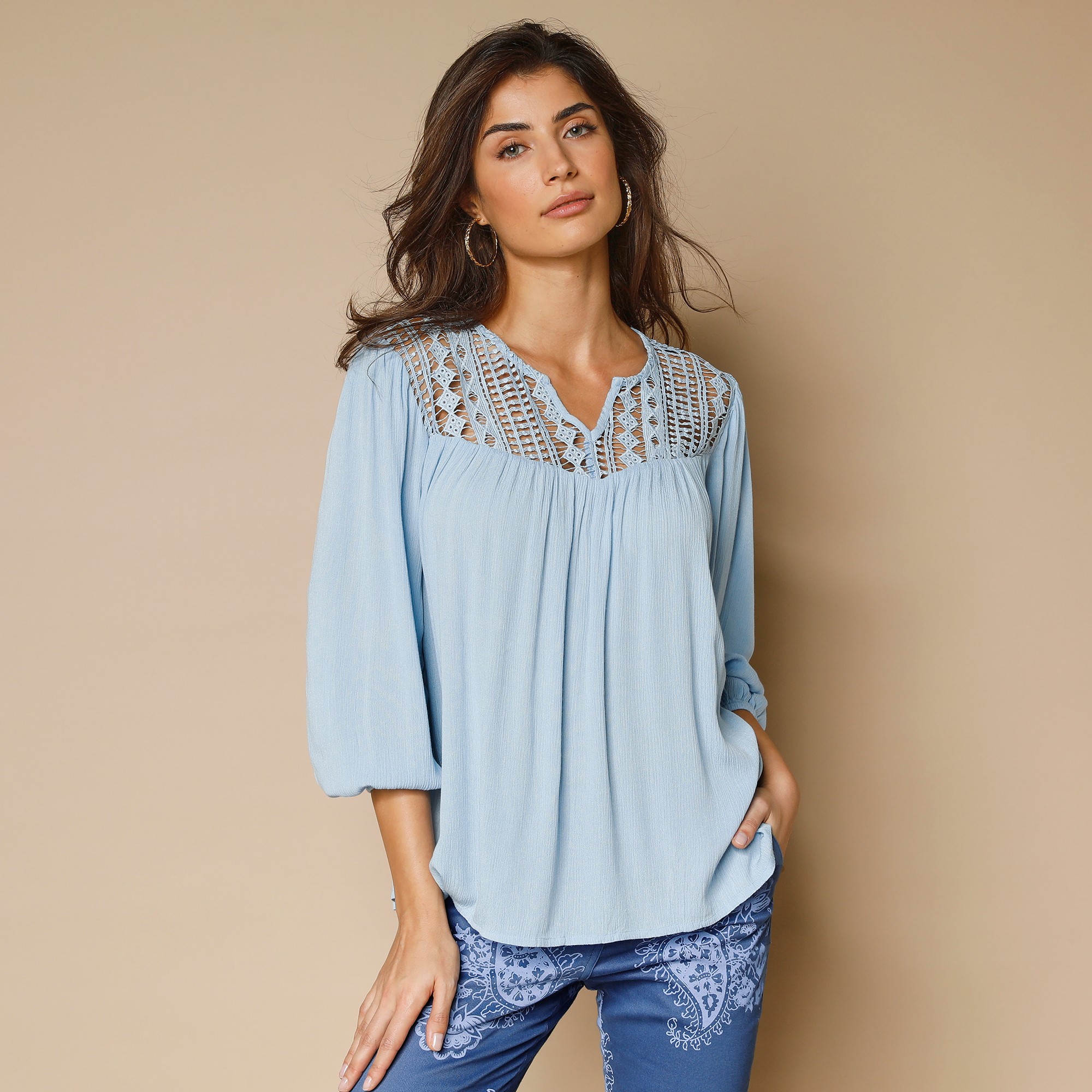 Blouse macramé manches 3/4 - 36 - Bleu - Lora Zellini