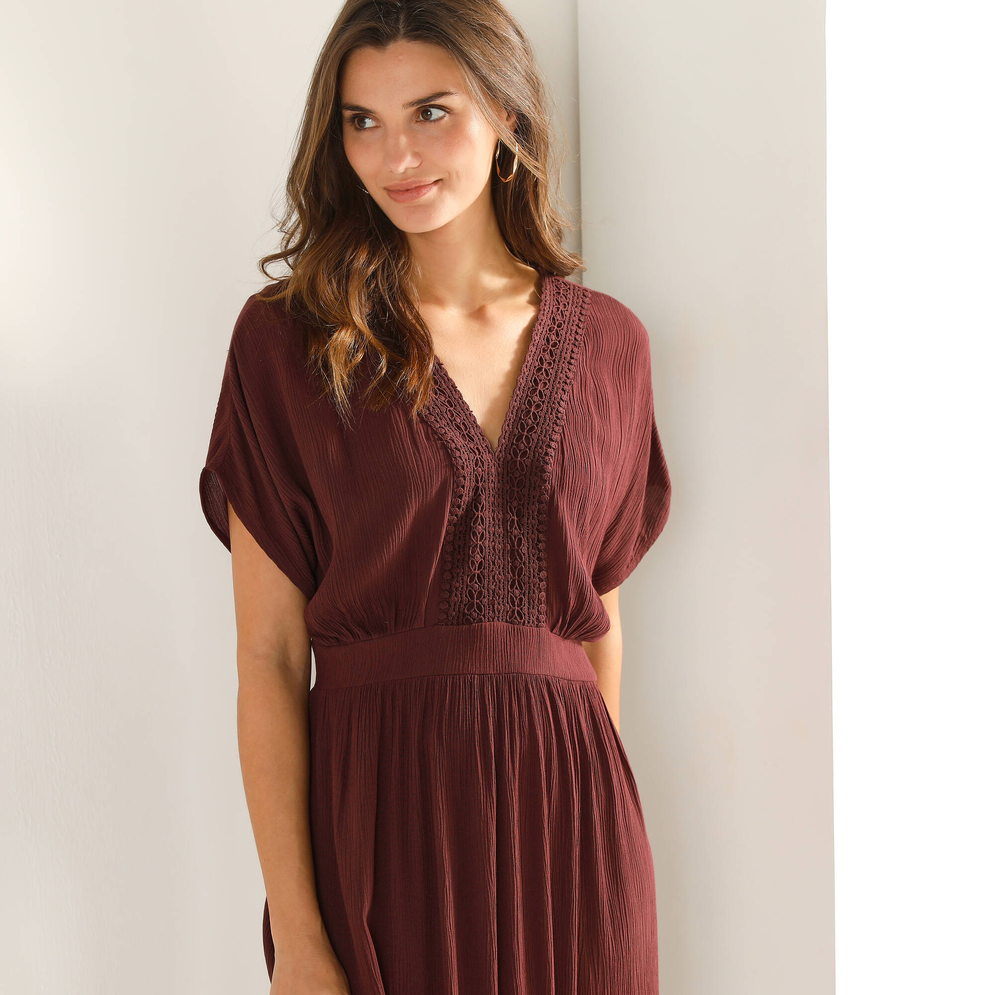 Robe longue volante en crpon dtails macram - Blancheporte 43 €
