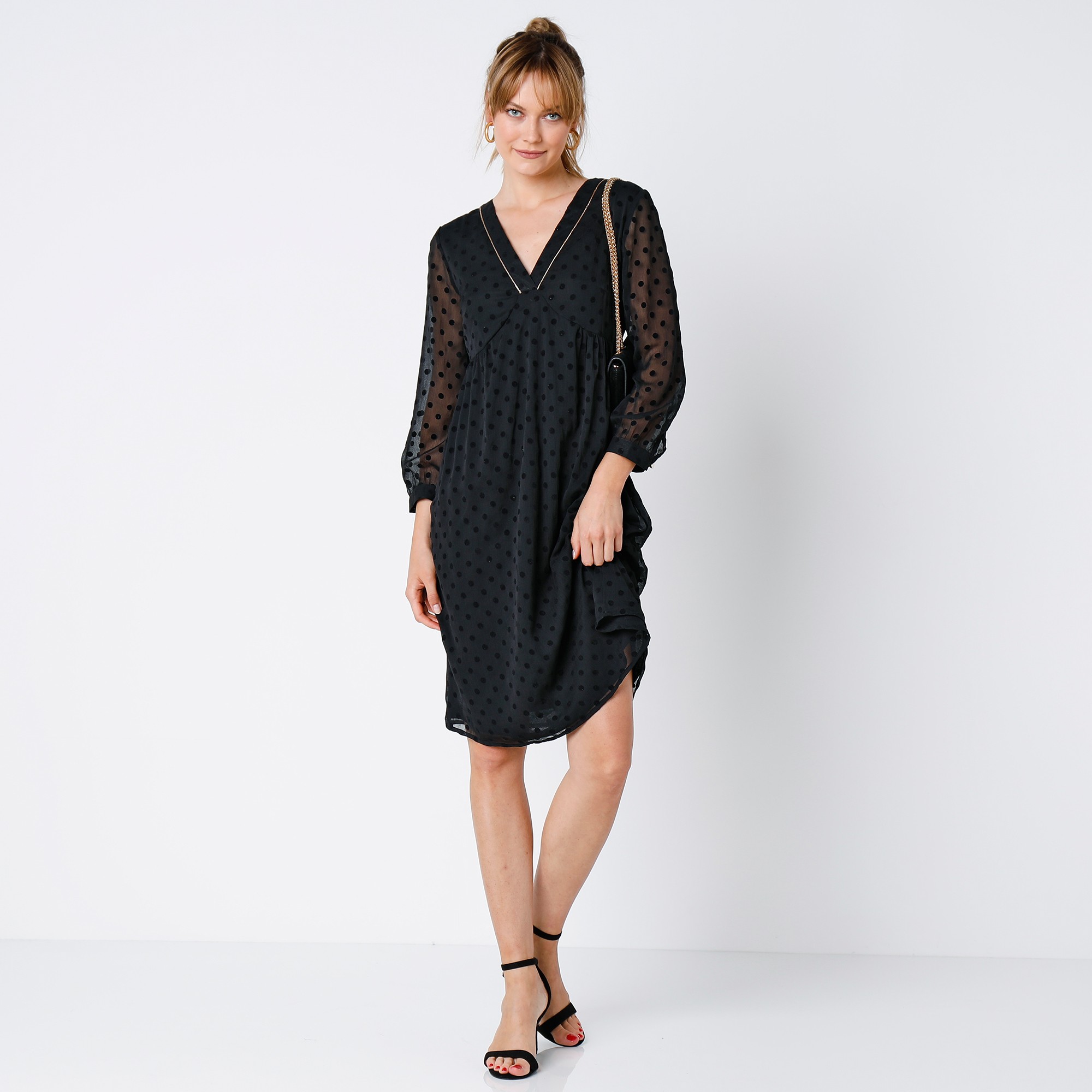 Robe plumetis manches 7 8 me noir Blancheporte
