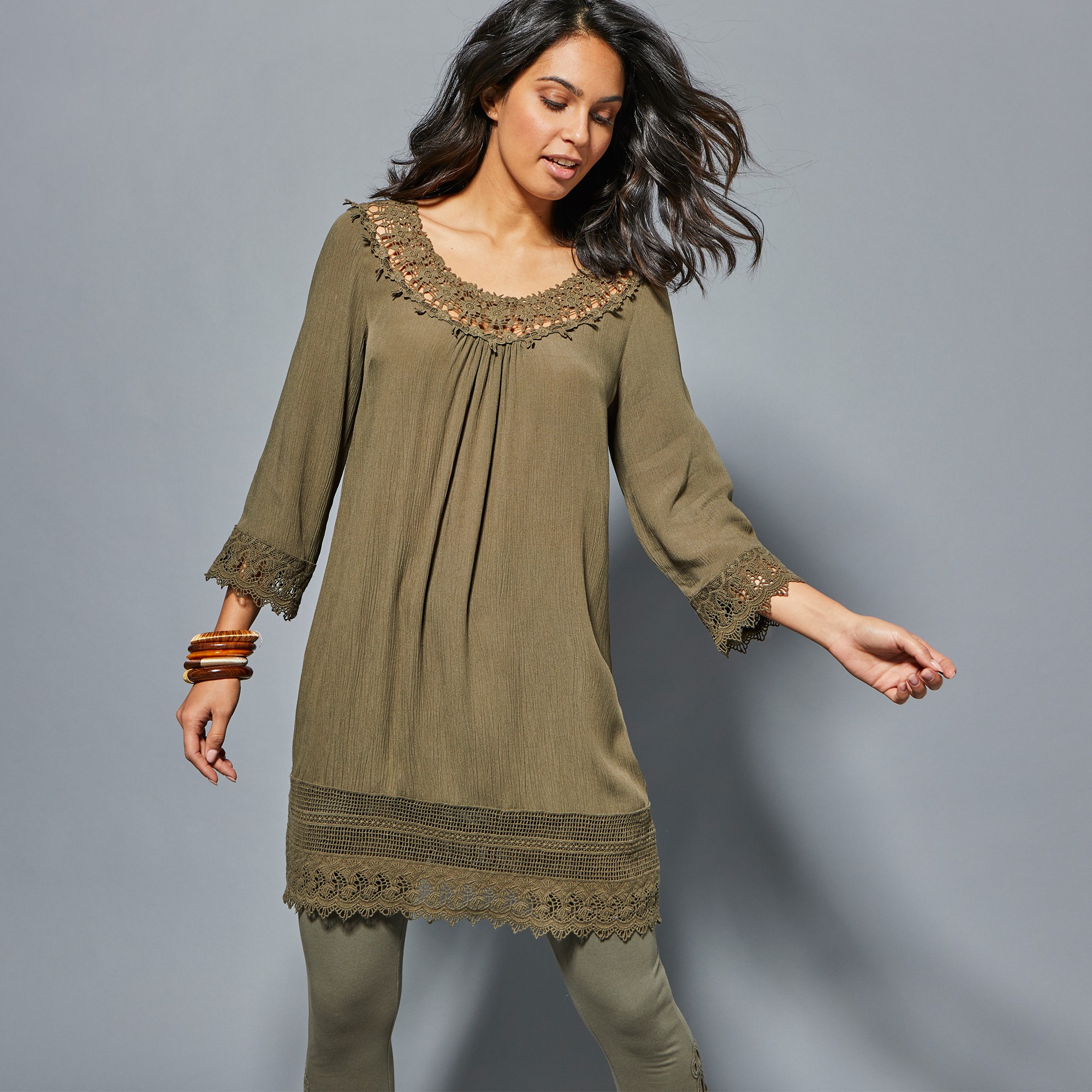 Tunique Macramé Manches 3/4, Crépon - Lora Zellini