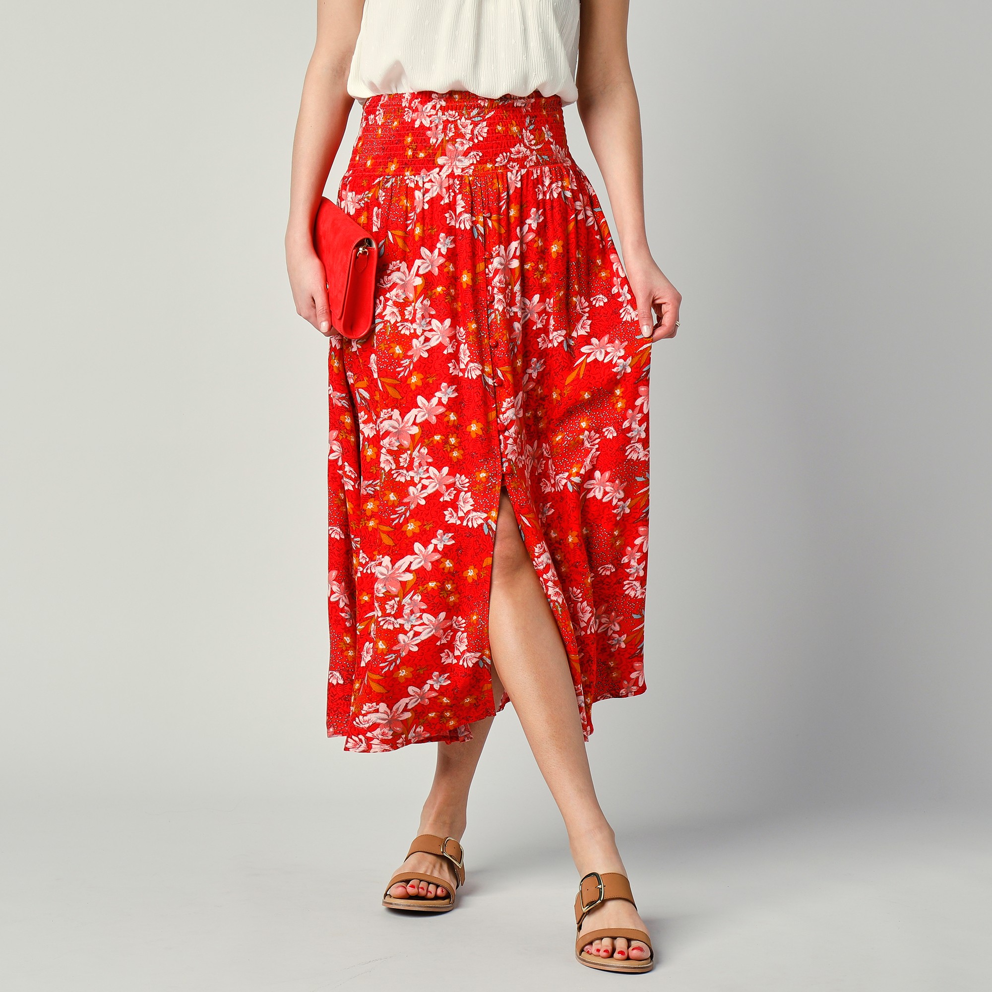 Jupe longue taille smock e imprim floral rouge rose poudr