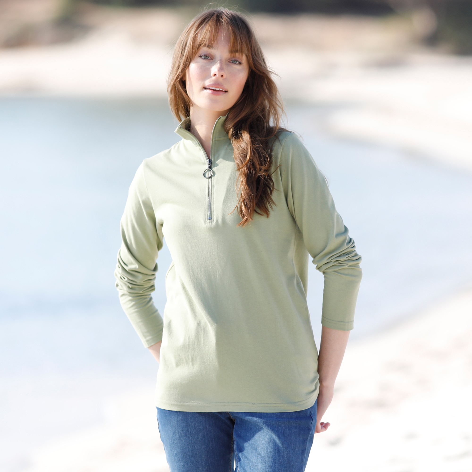 T-shirt Zippé En Coton, Uni - Blancheporte