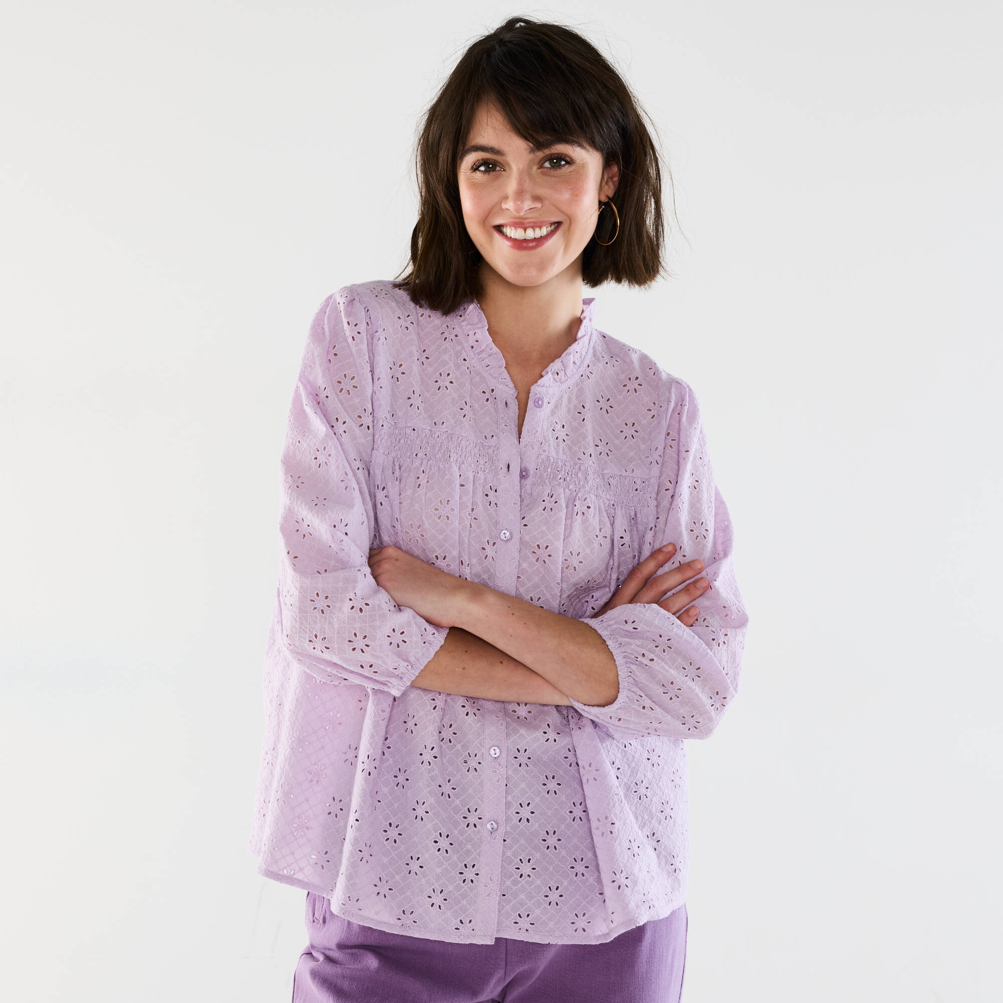 Haut Chemisier Ballon Qiéro - Rose Violet - Broderie - Taille 38 - Occasion Très Bon état