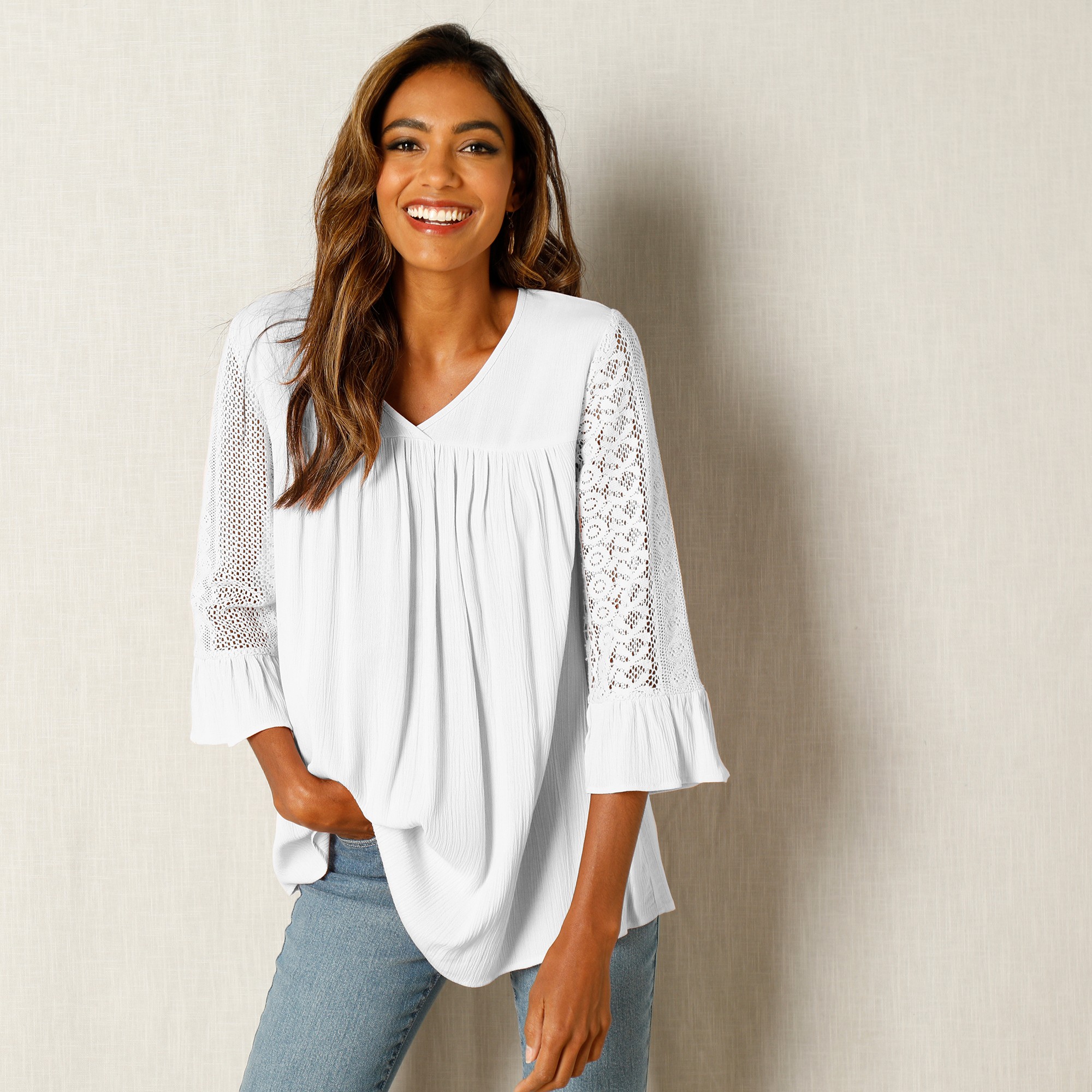 Blouse Unie Col V Manches 3/4 Macramé - Lora Zellini