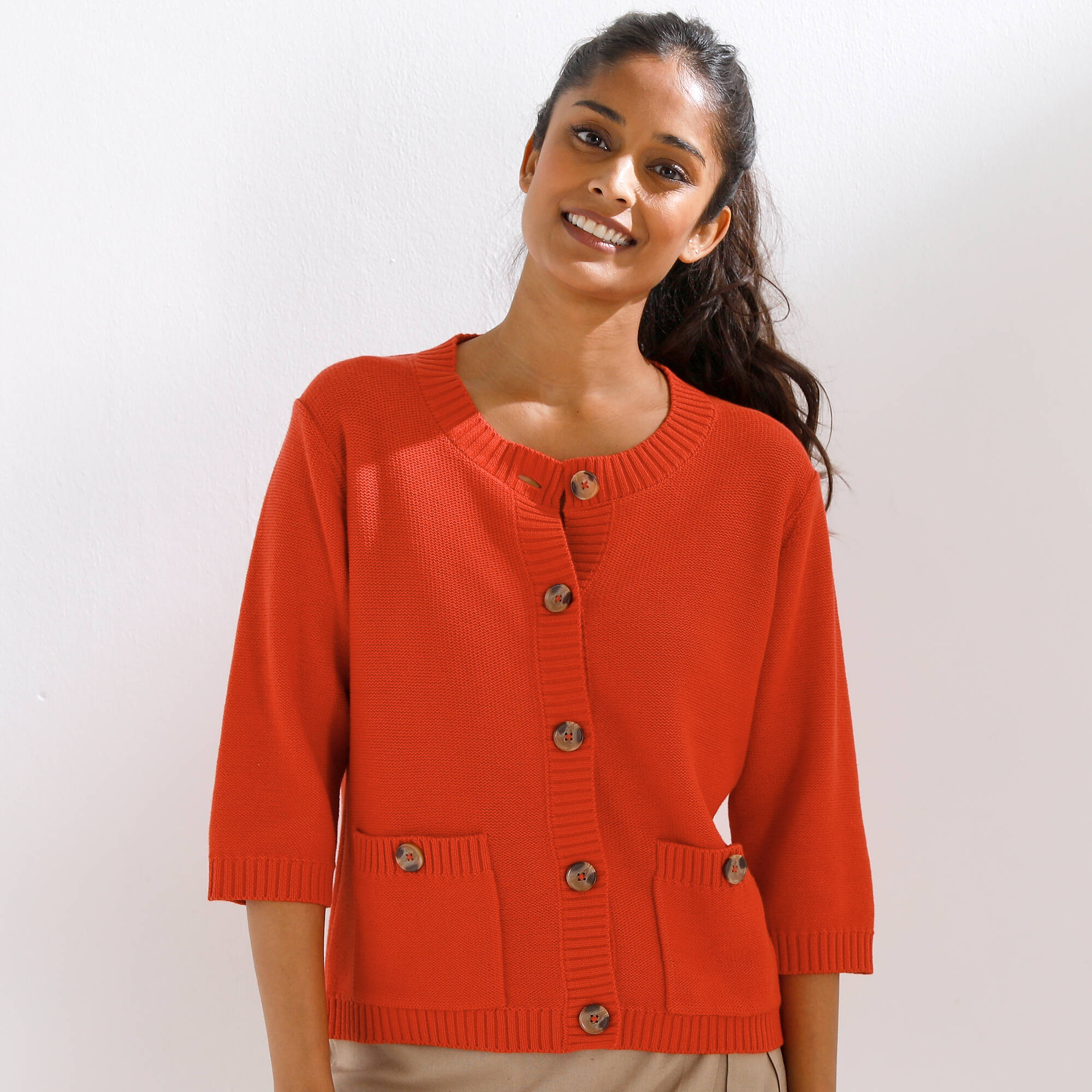 Cardigan boutonné à poches, manches coude - Blancheporte