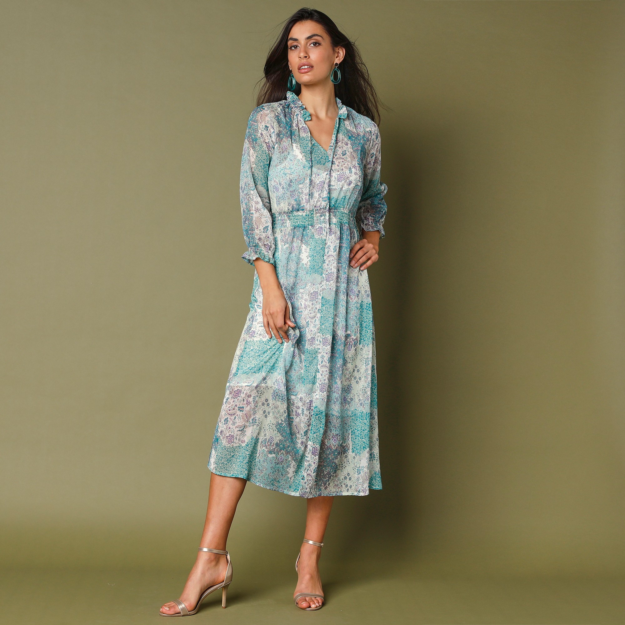 Robe voile imprimé, polyester recyclé** - 52 - Bleu - Lora Zellini
