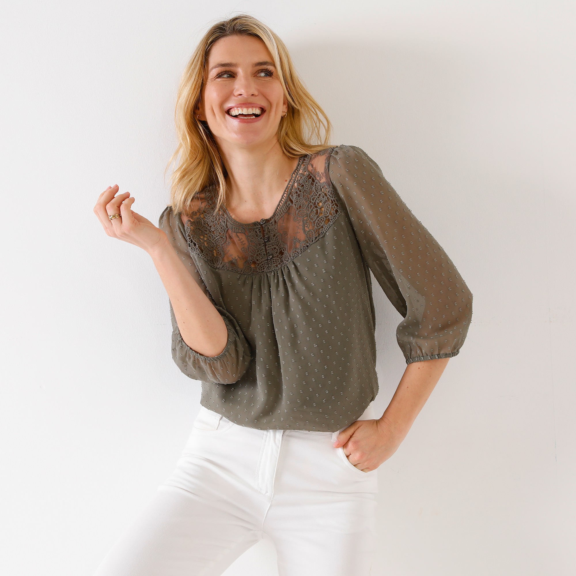 Blouse Macramé Unie, Voile Plumetis - Blancheporte