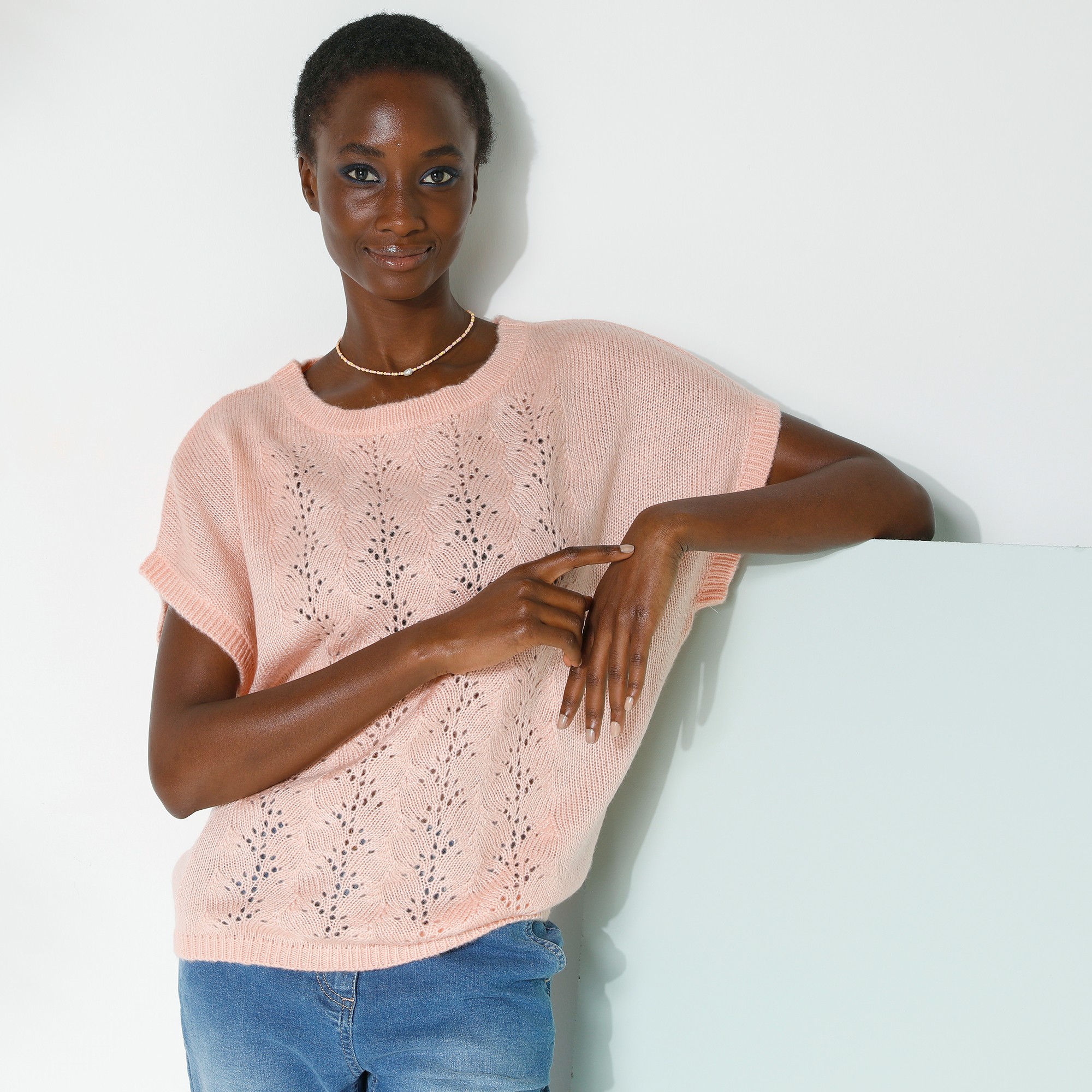 Pull Manches Courtes, Maille Ajourée Toucher Mohair - Blancheporte