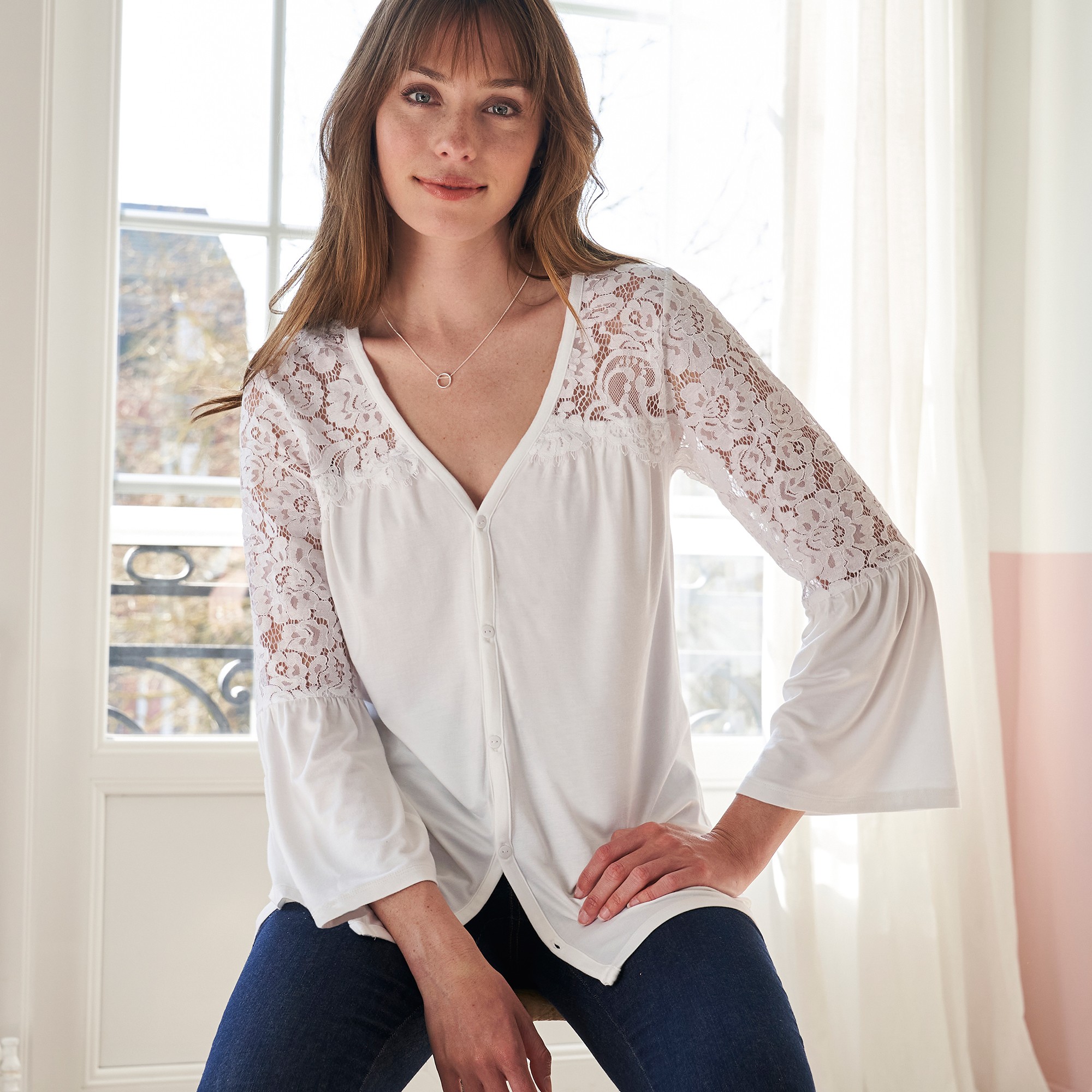 T-shirt Boutonné Manches 3/4 Dentelle - Blancheporte