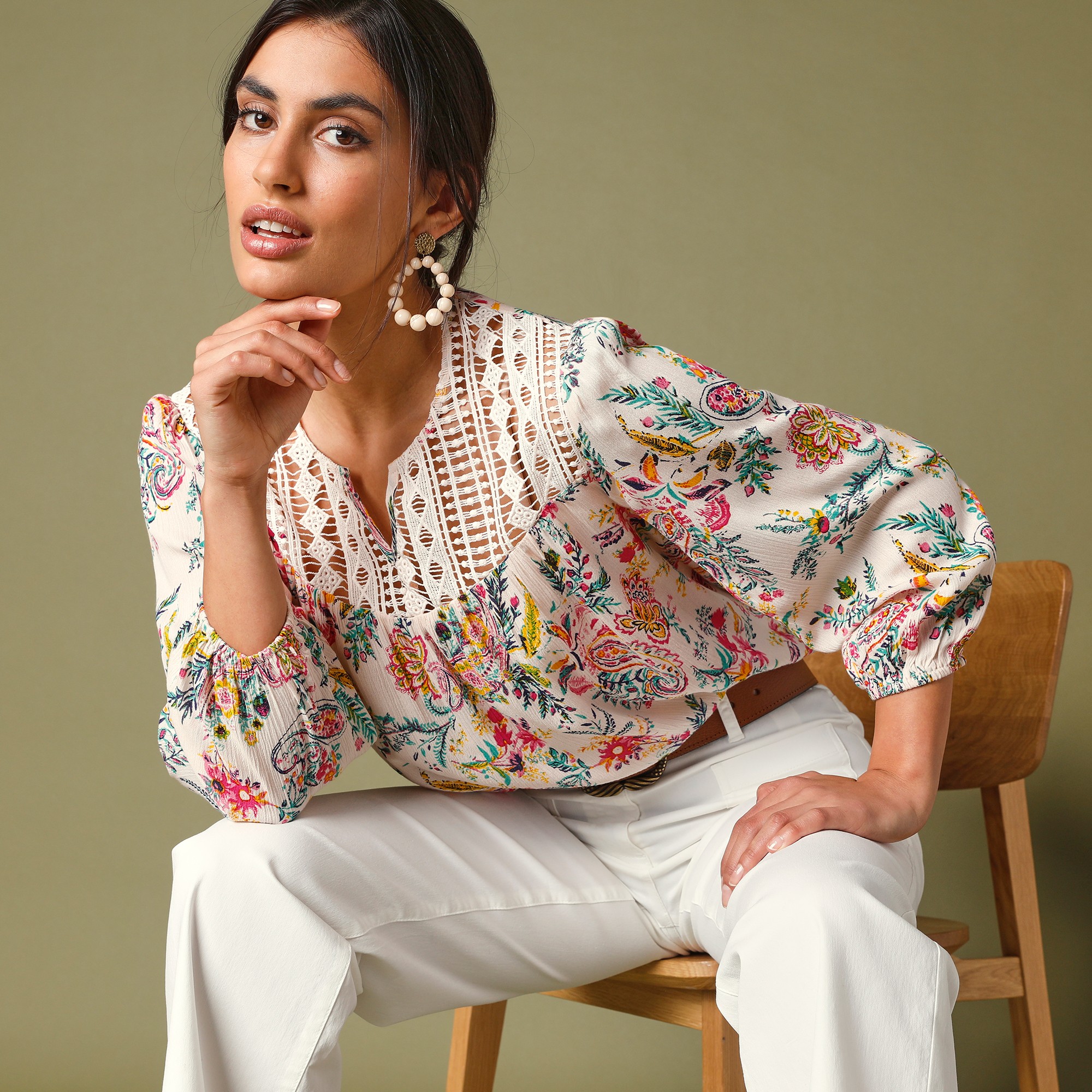 Chemisier macramé imprimé - 54 - Écru - Lora Zellini