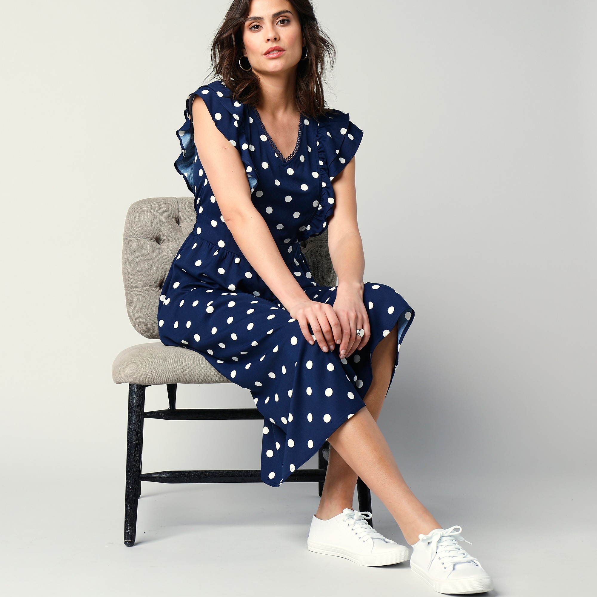 Robe Longue Volantée Imprimée Pois - Blancheporte