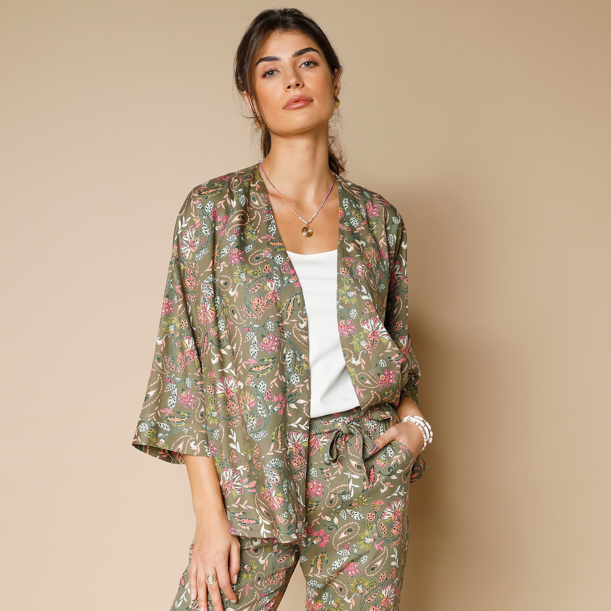 Kimono fluide imprimé, viscose - 54 - Kaki - Lora Zellini