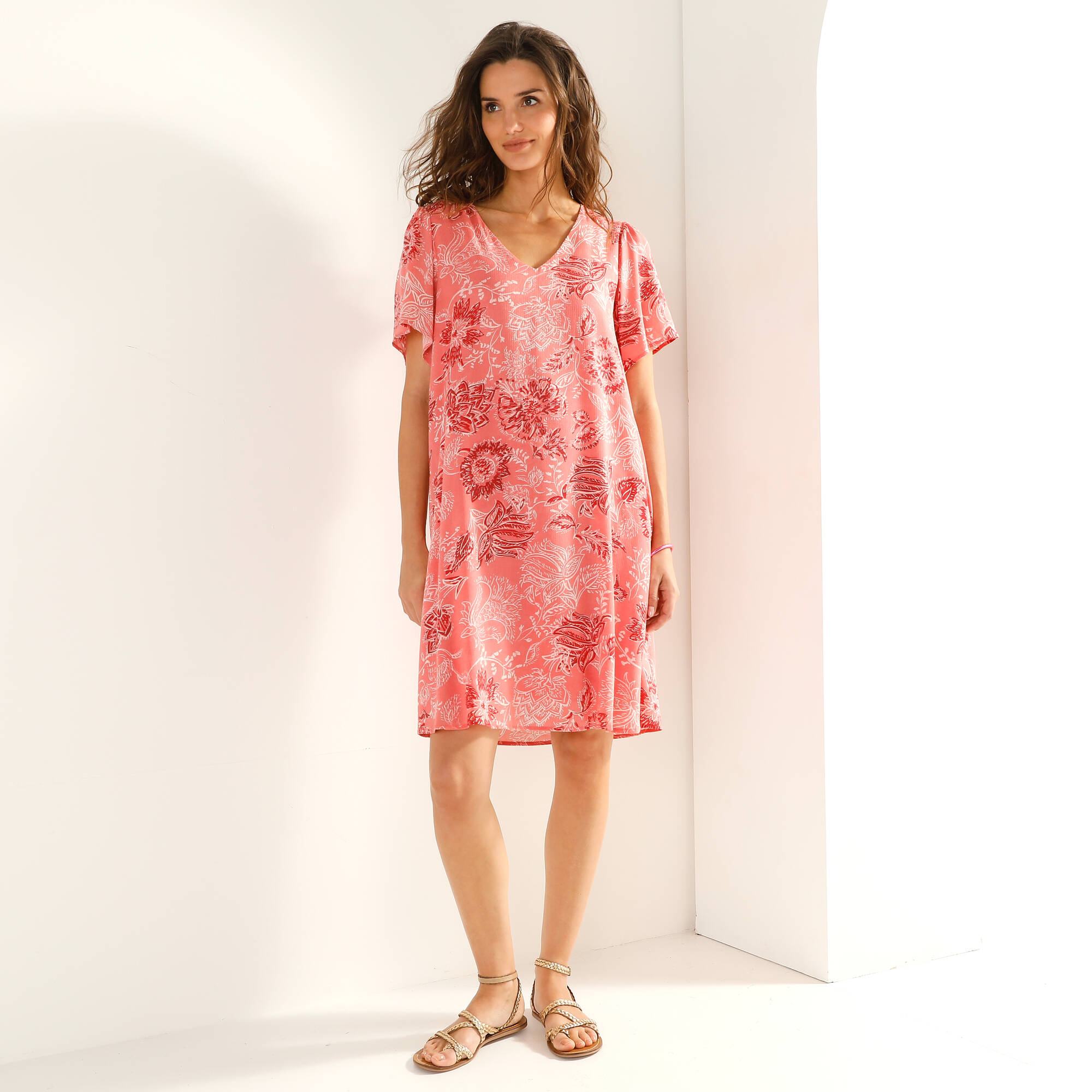 Robe col V manches courtes, voile jacquard imprimé - Blancheporte