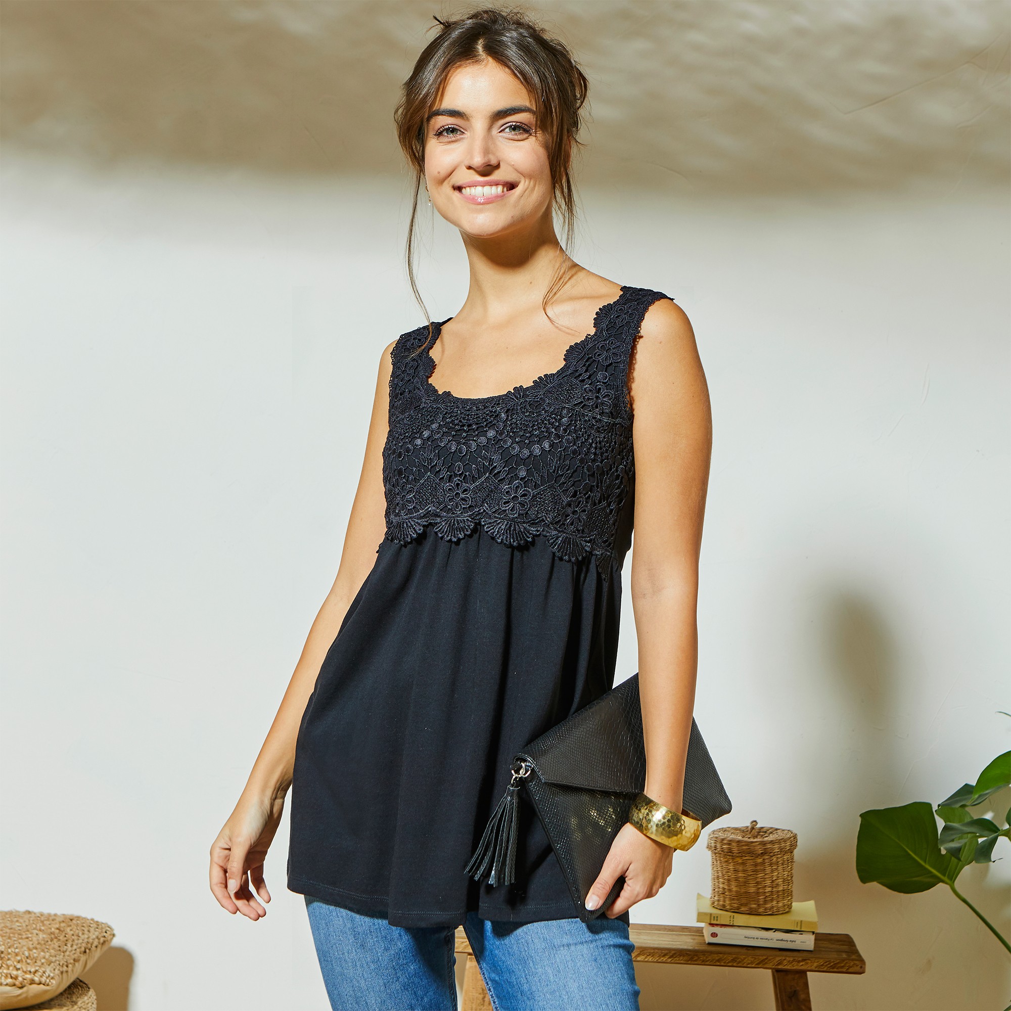 Débardeur fluide macramé - 56 - Noir - Lora Zellini