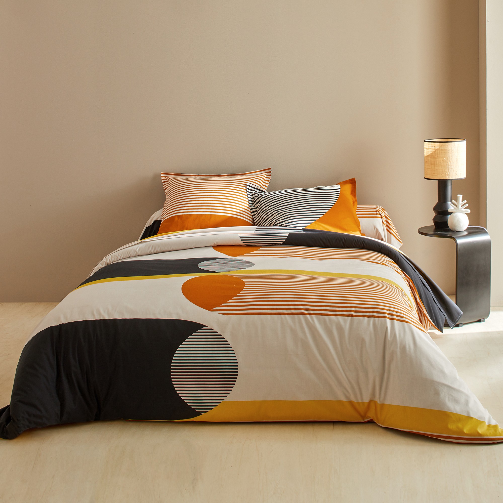 Linge de lit Nico en coton imprimé rayures style graphique - Taie D'oreiller Volant Plat : 65x65cm -