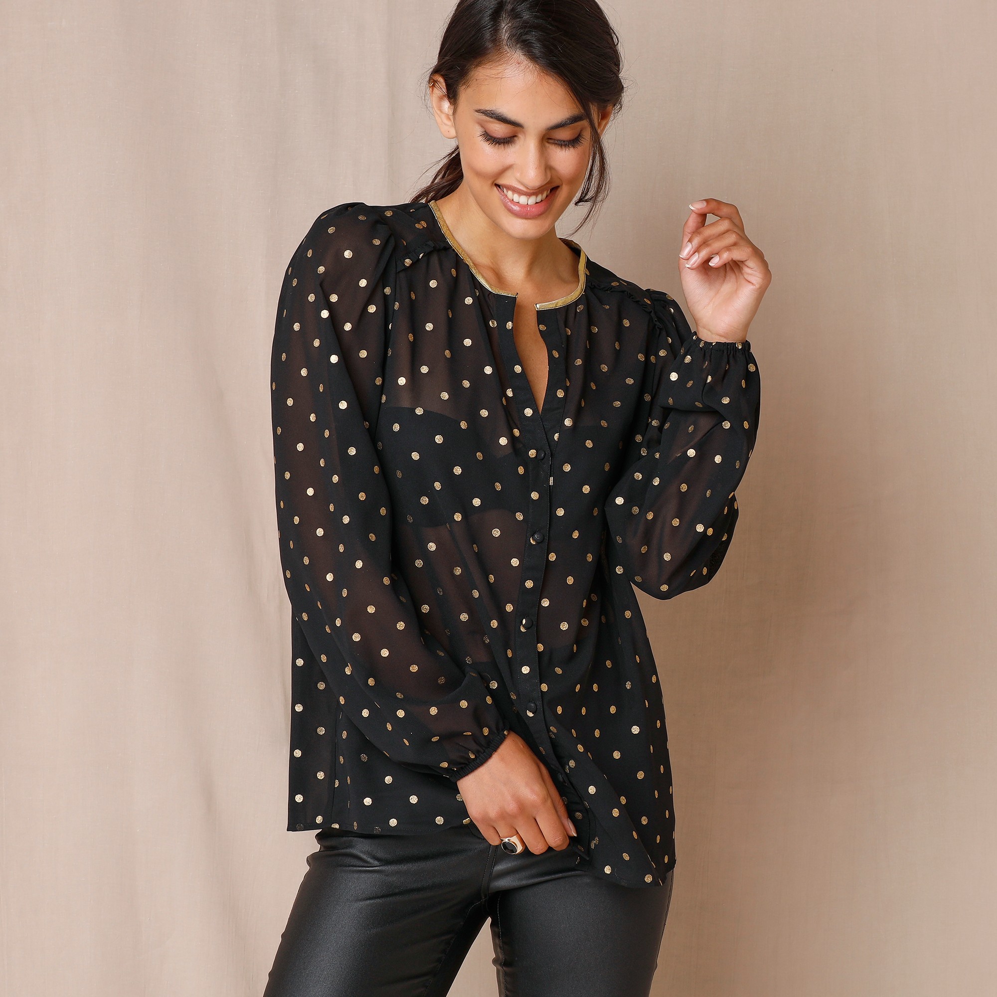 Chemisier Imprimé Pois Doré, Voile - Blancheporte