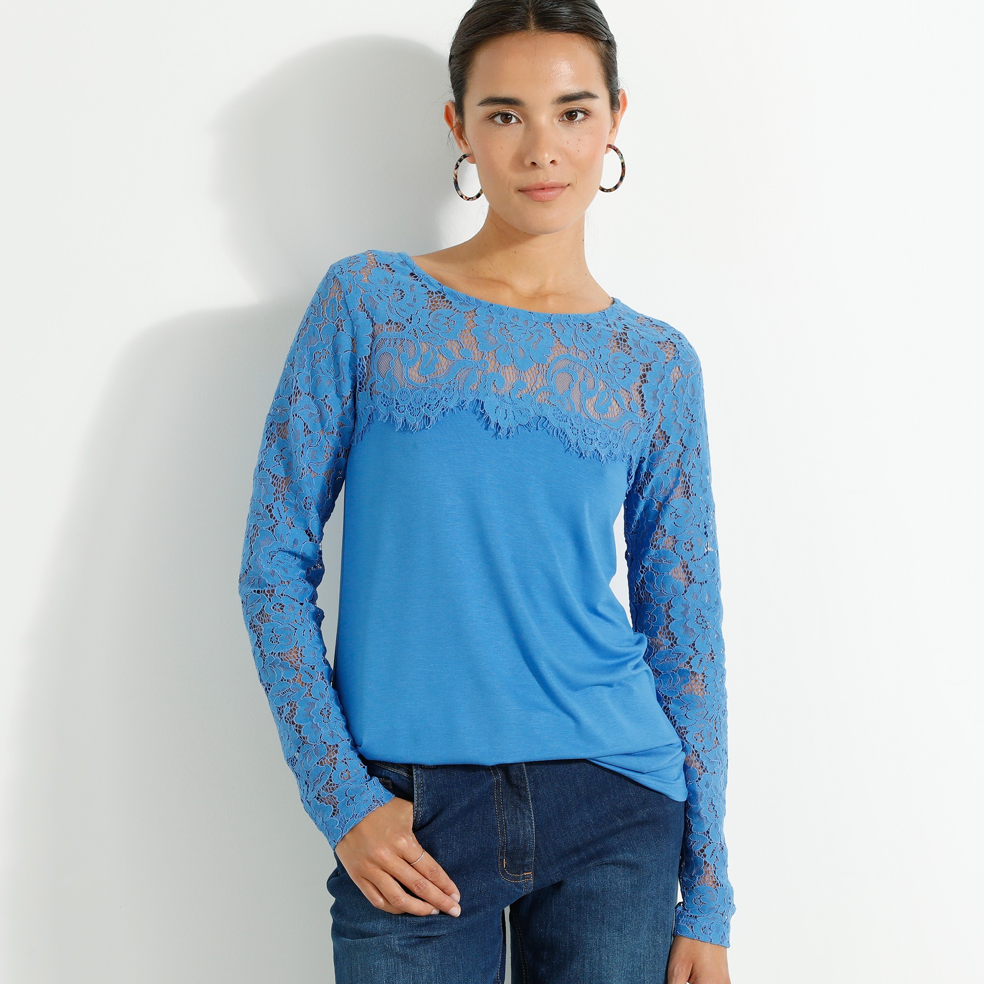 T-shirt Col Rond Manches Longues, Dentelle Jersey - Blancheporte