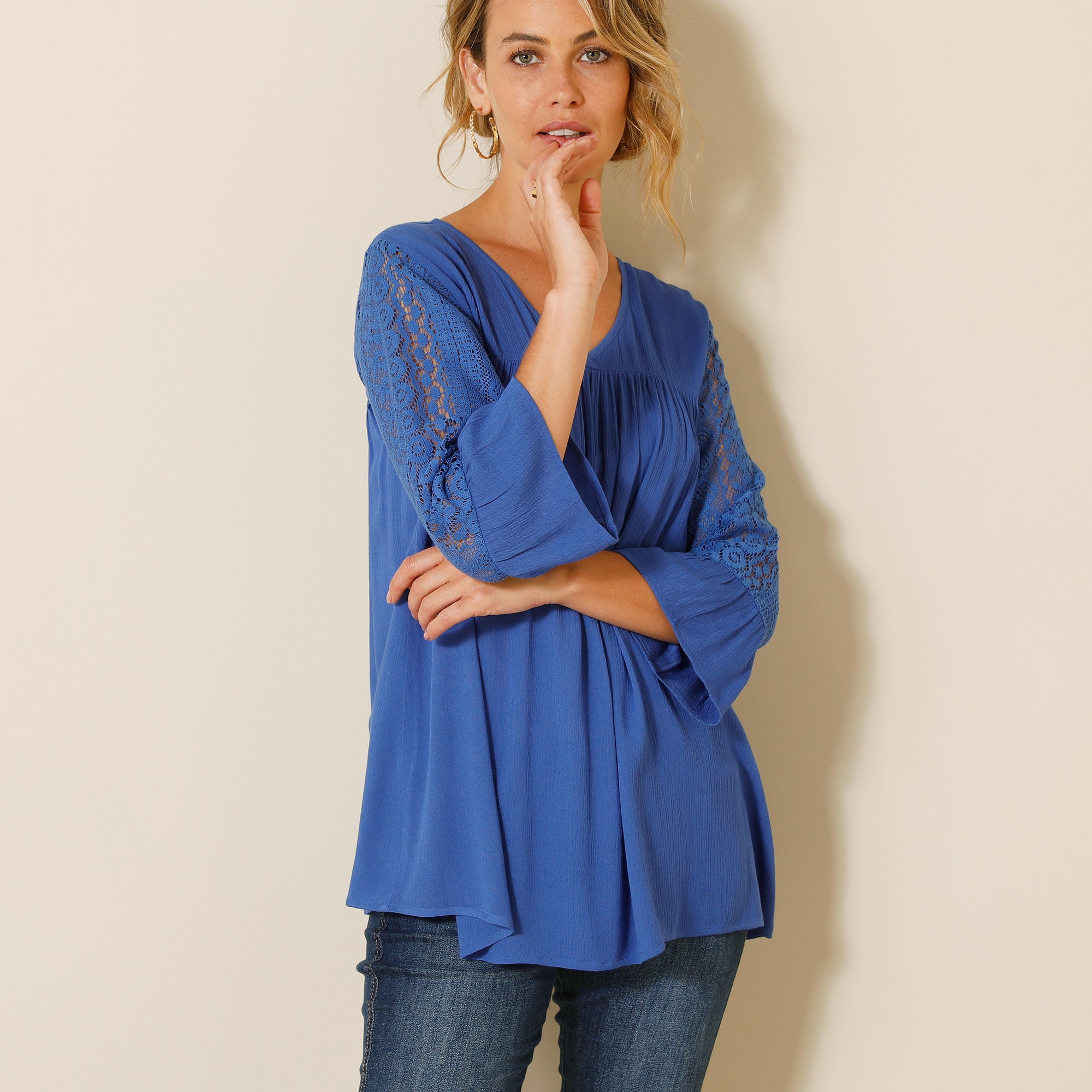 Blouse unie col V manches 3/4 macramé - 42 - Bleu - Lora Zellini