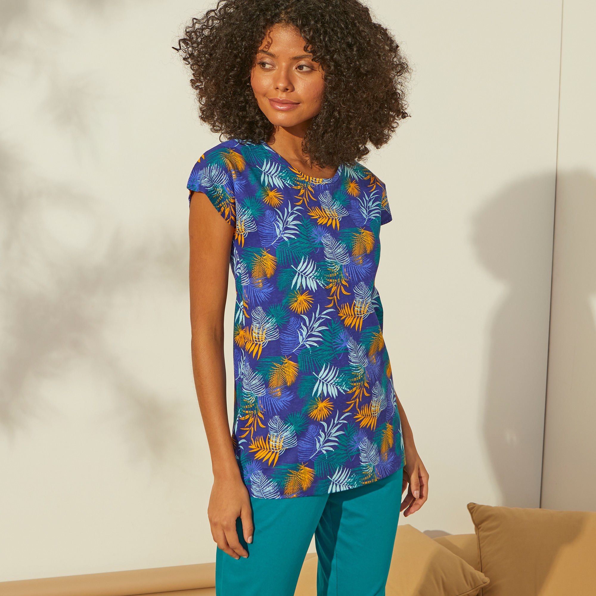 Tee-shirt De Pyjama En Coton Manches Courtes - Imprimé Tropical - Blancheporte