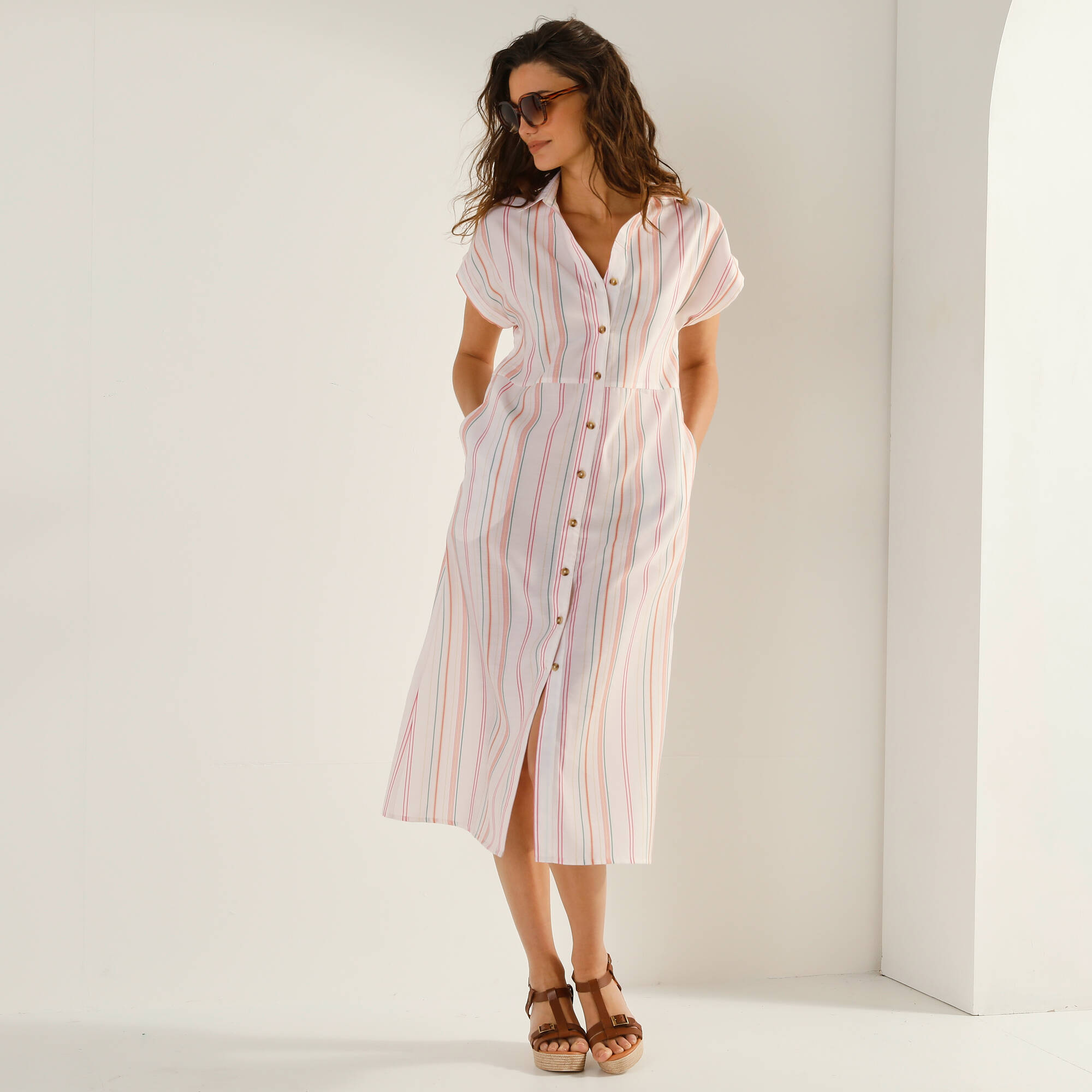 Robe chemise raye manches courtes coton fils tisss teints - Blancheporte 46 €