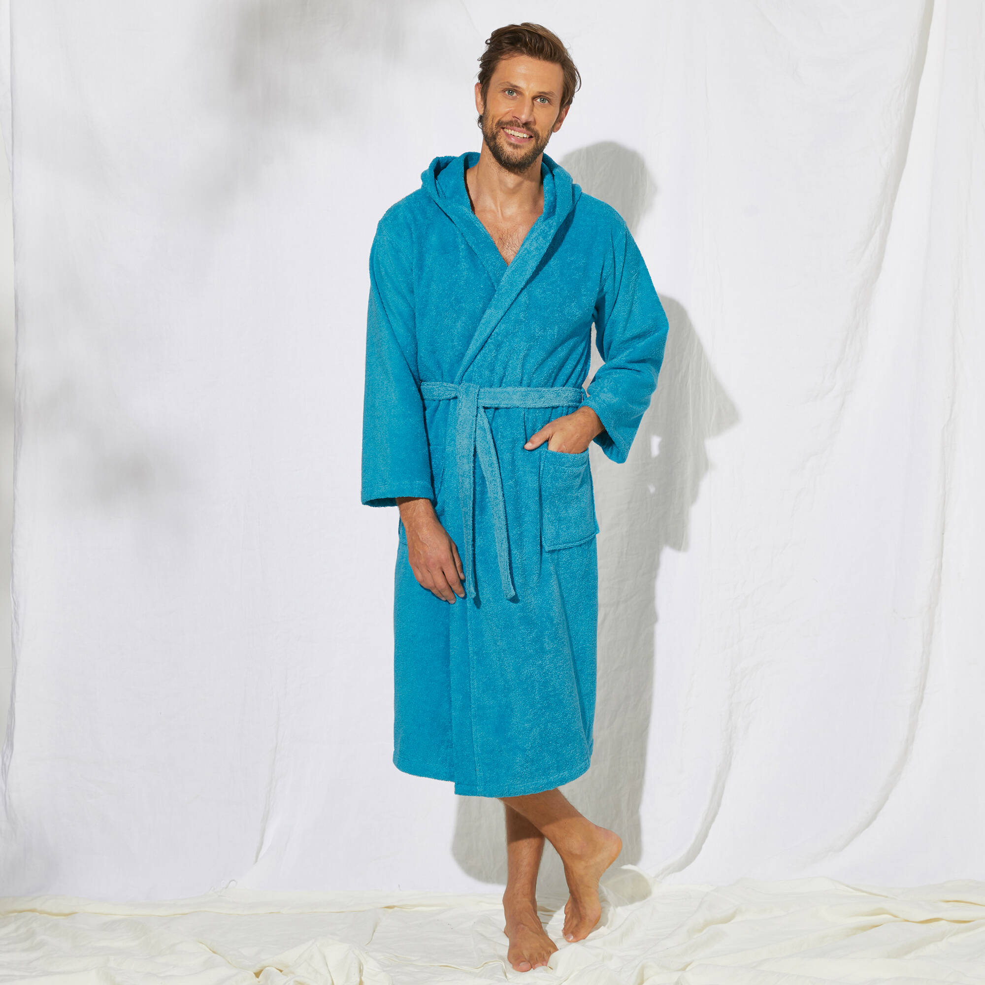 Peignoir mixte adulte col capuche eponge bouclette turquoise Blancheporte